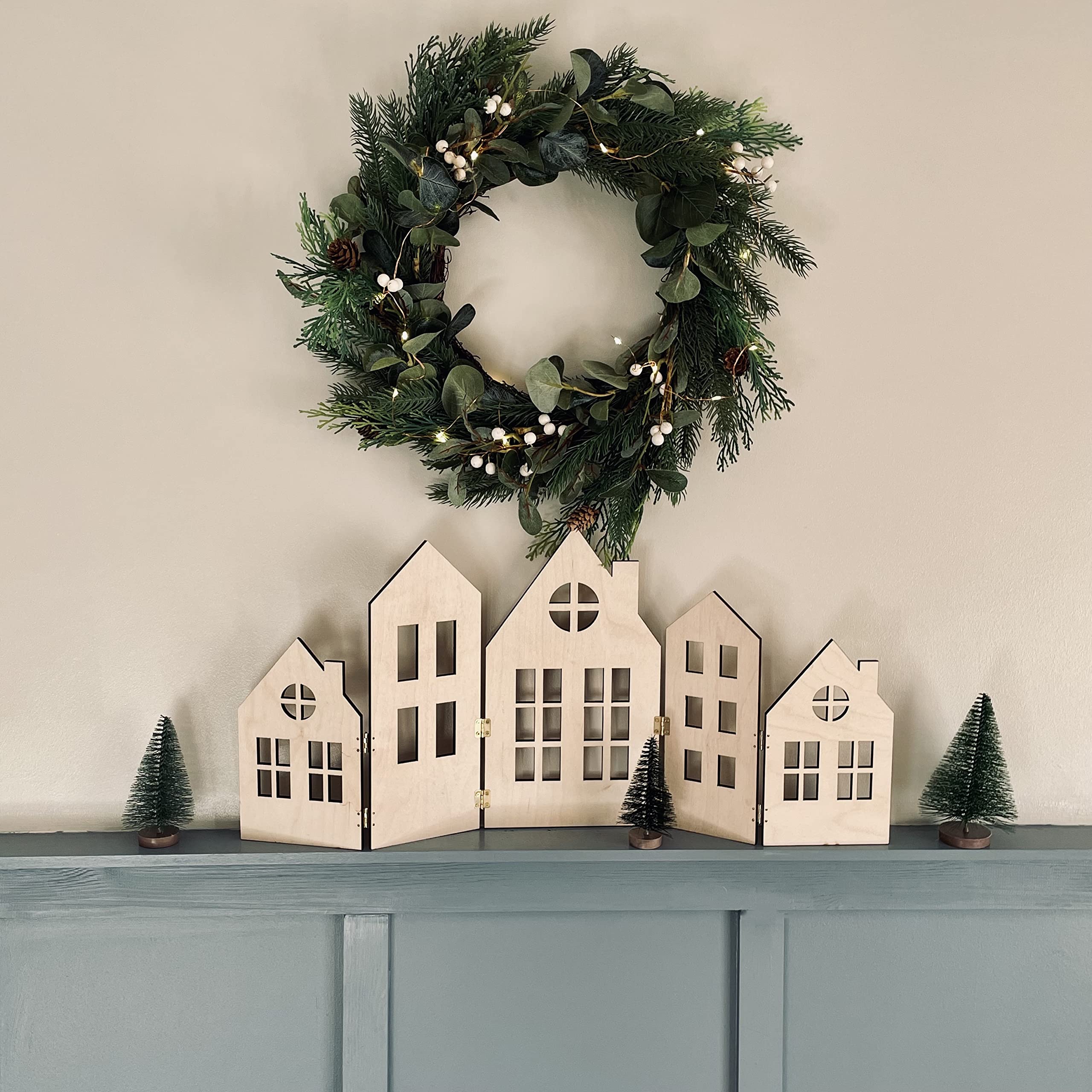 Stika.co Set of 5 Scandinavian Wooden Silhouette Scandi Houses, Novelty Holiday Festive Design, Christmas Windows Decorations (S Size)