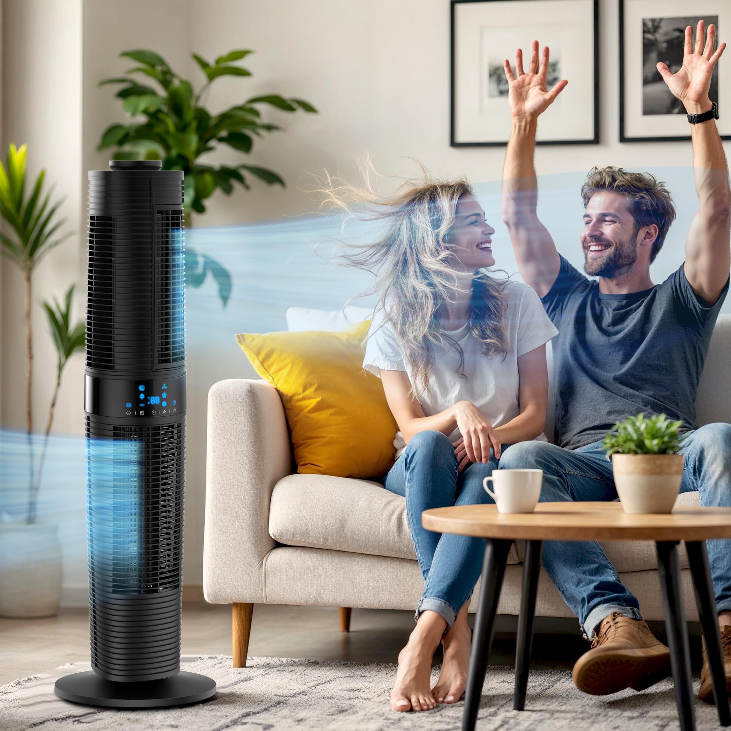 Turmventilator FLOW 360 Dual Air 360° 3 Stufen Timer 8h 96,8 cm Oszillierend 90° 45W Tower Fan Ventilator leise mit Fernbedienung Standventilator groß Ventilator Schwarz