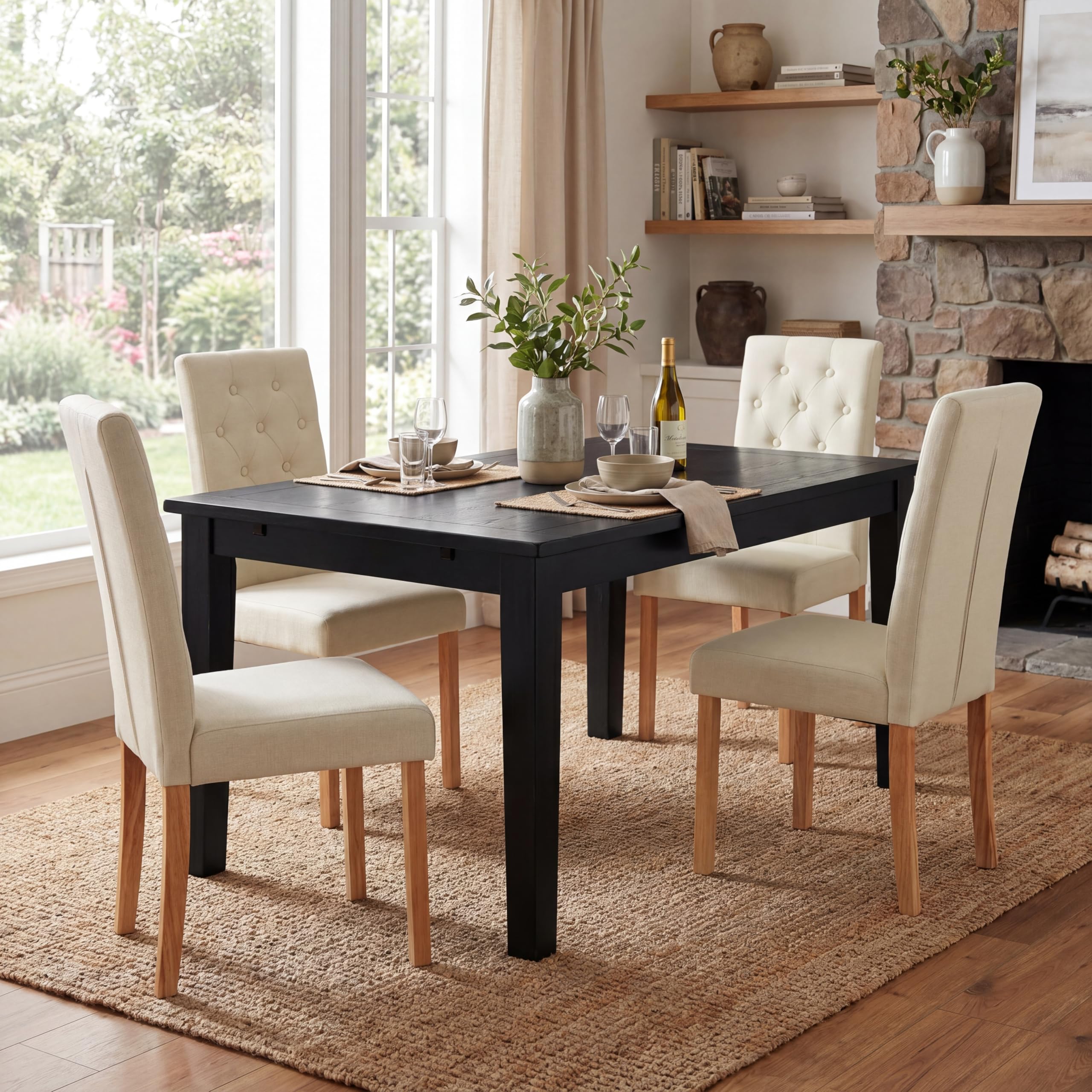 EGGREE Esszimmerstühle 2er Set Beige Leinenoptik Stoff Stühle mit Dicker Sitzfläche & Genähtem Rautenrücken, Stabile Gummibaumholz-Beine, 43,5 x 56 x 98 cm, Moderner Design für Esszimmer & Küche