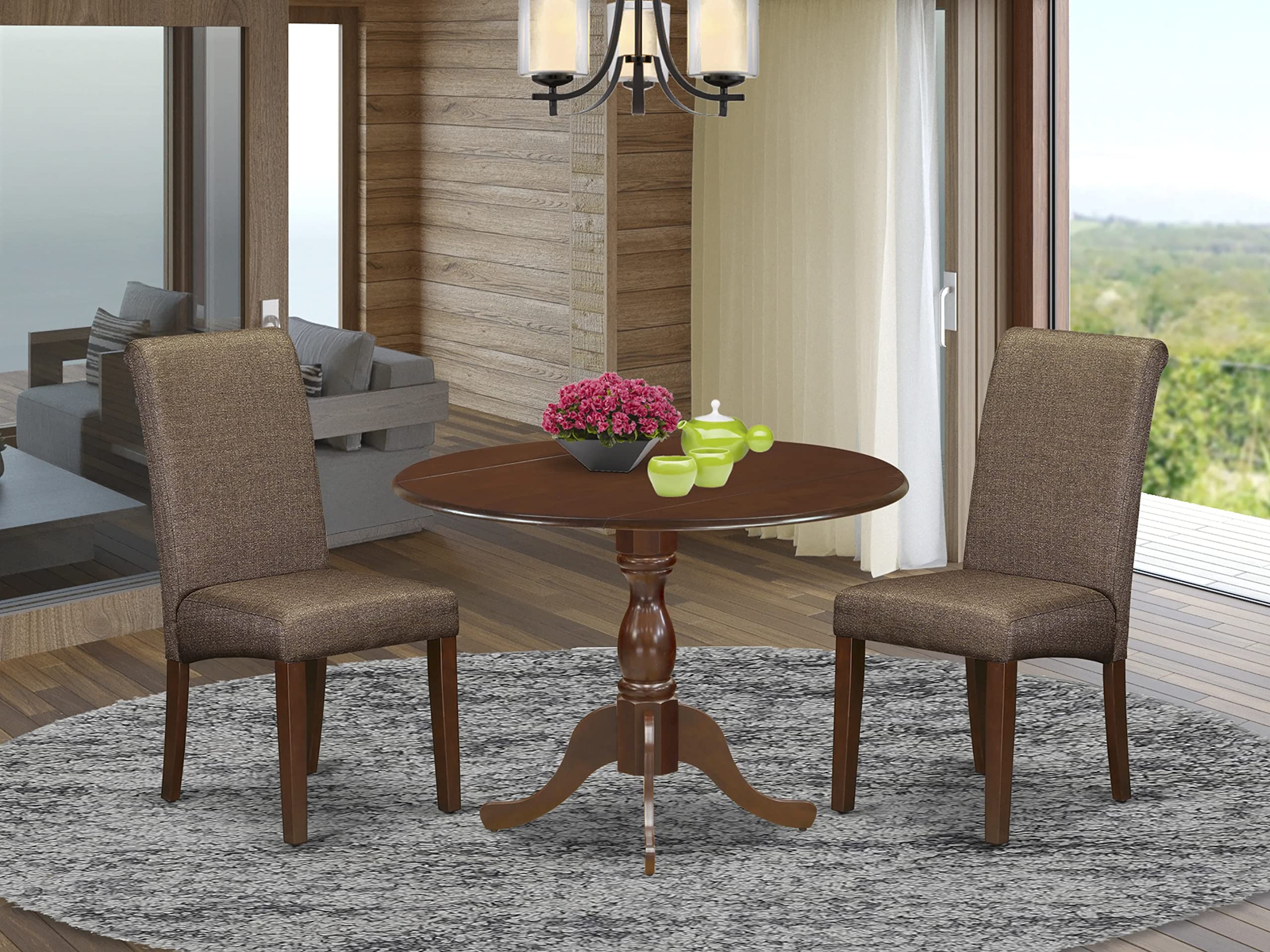 East West Furniture DMBA3-MAH-18 3 Piece Dining Table Set Contains a Round Dining Room Table with Dropleaf and 2 Brown Linen Linen Fabric Upholstered Chairs, 42x42 Inch, Mahogany