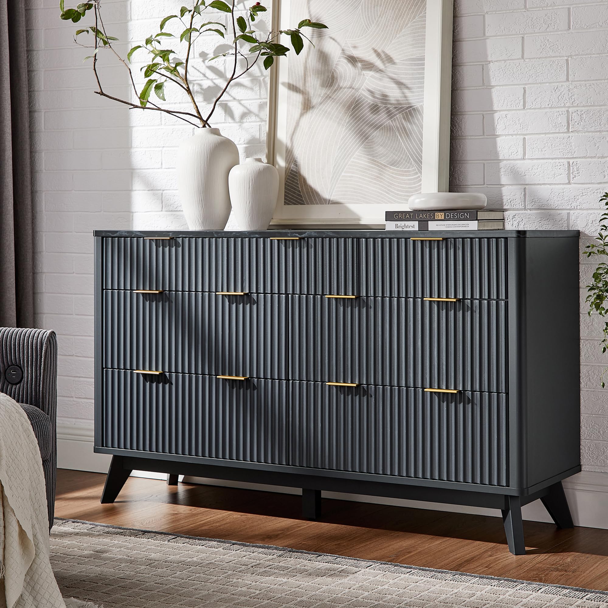 T4TREAM Fluted 7 Drawers Dresser, 54" Wide Modern Chest of Drawers with Faux Marble Top, Curved Profile Design, Dresser TV Stand, Wood Drawer Organizer for Bedroom, Living Room, Hallway, Dark Grey
