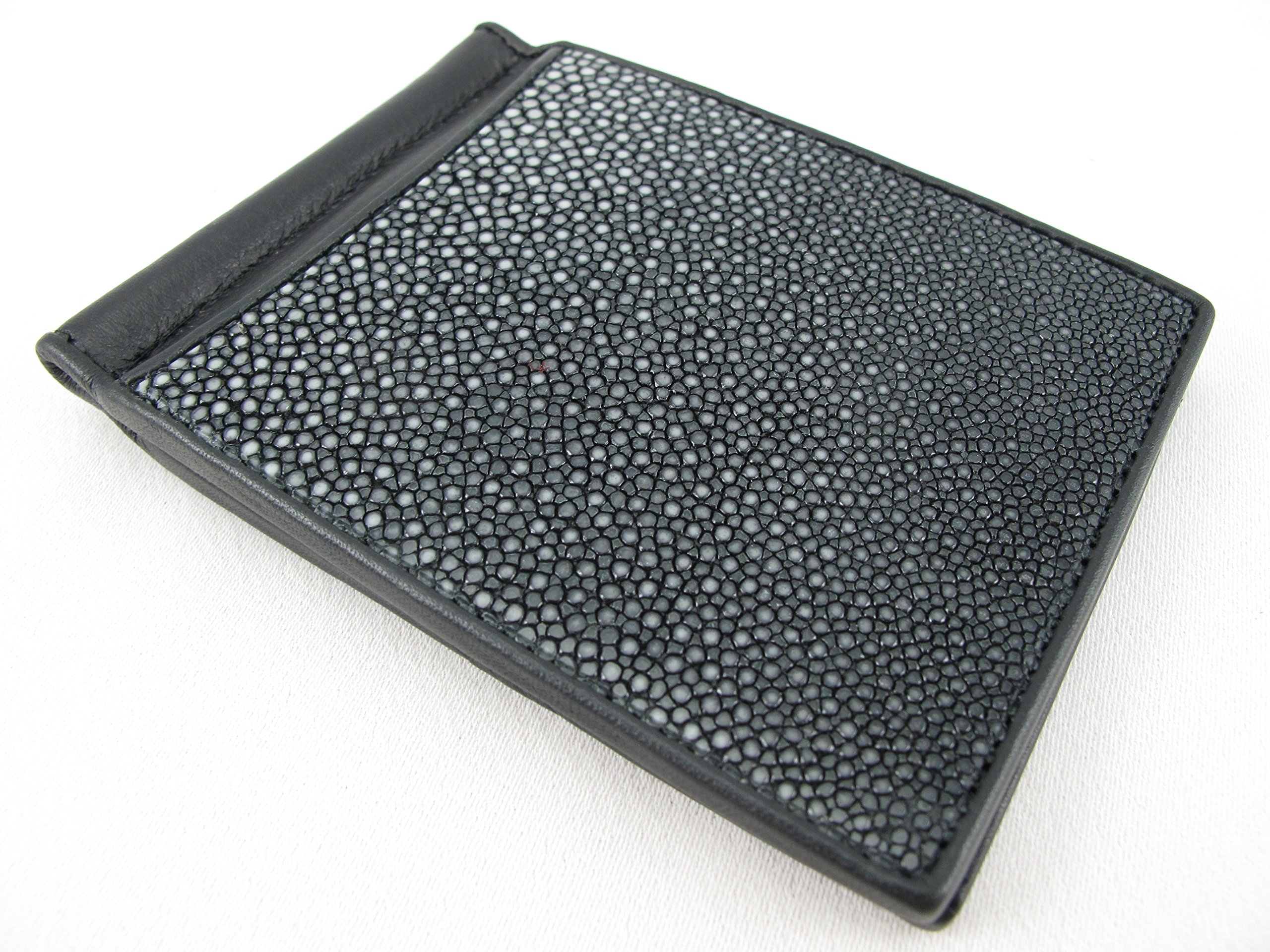 PelgioGenuine Polished Stingray Skin Money Clip Slim Fold Wallet (Polished Black)