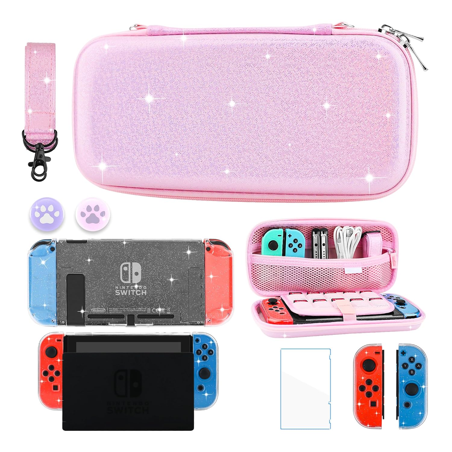 GLDRAM Pink Travel Carrying Case for Nintendo Switch, Portable Switch Accessories Bundle with Clear Glitter Protective Skin Cover+HD Screen Protector+Adjustable Shoulder Strap+2 Thumb Caps for Girls