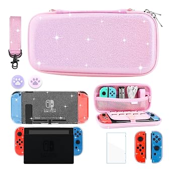 GLDRAM Pink Travel Carrying Case for Nintendo Switch, Portable Switch Accessories Bundle with Clear Glitter Protective Skin Cover+HD Screen Protector+Adjustable Shoulder Strap+2 Thumb Caps for Girls