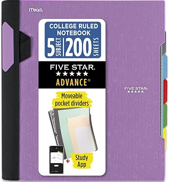 Five Star Advance Spiral Notebook + Study App, 5 Subject, College Ruled Paper, 8-1/2 x 11, 200 Sheets, Spiral Guard, Movable Tabbed Dividers, Amethyst Purple (820013G)