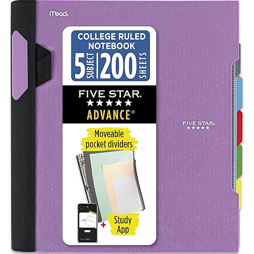 Five Star Advance Spiral Notebook + Study App, 5 Subject, College Ruled Paper, 8-1/2" x 11", 200 Sheets, Spiral Guard, Movable Tabbed Dividers, Amethyst Purple (820013G)