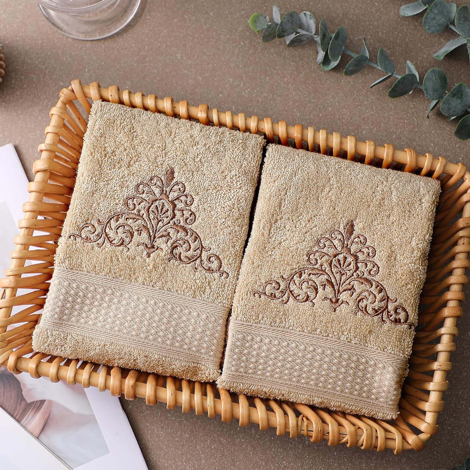 2 Pcs Damascus Hand Towels Brown Farmhouse Bathroom Decor 14x29 Inch Embroidered 100% Cotton Soft Absorbent Spring Summer Decorative Hand Towels for Bathroom Kitchen - Image 2