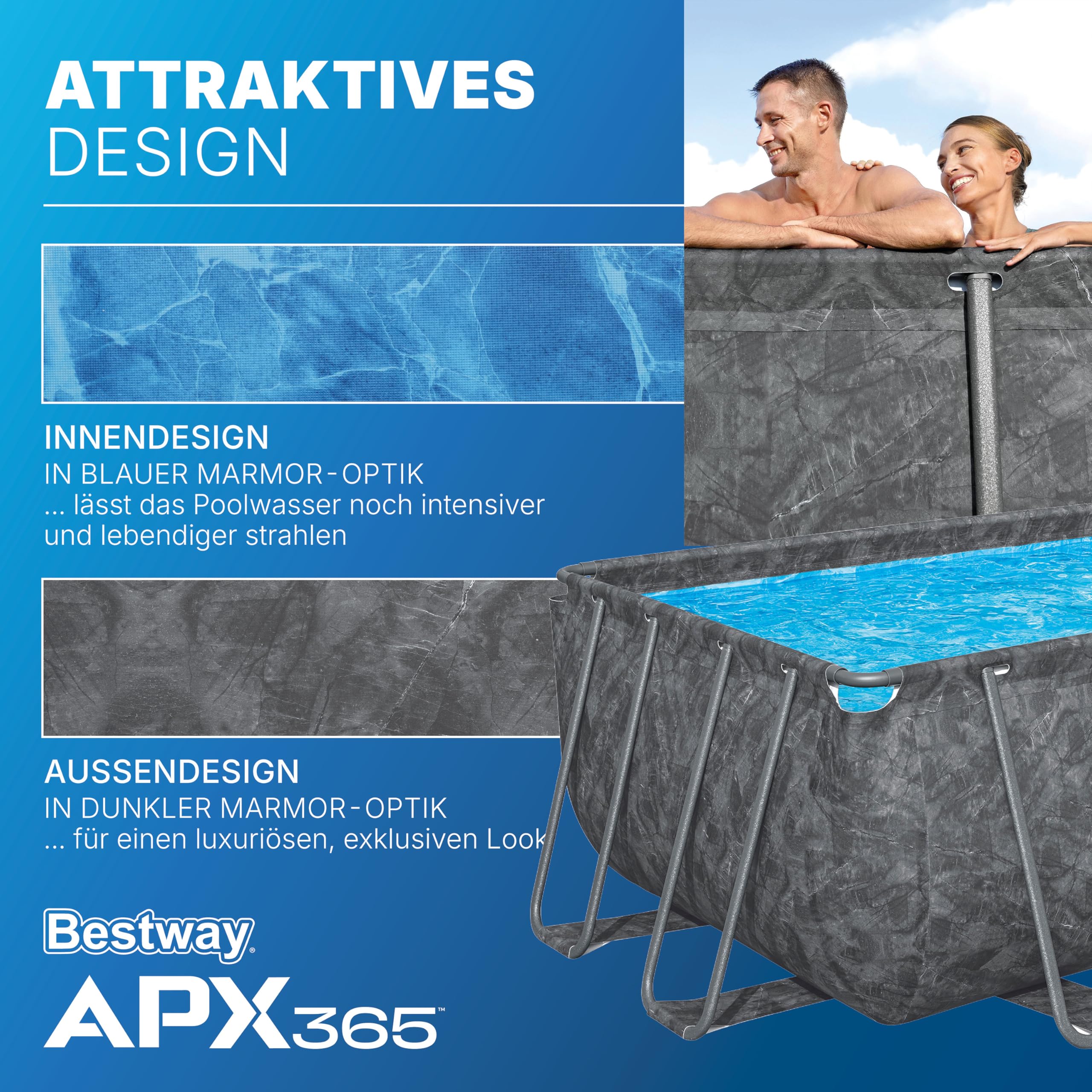 Bestway APX365 Winterfestes Frame Pool Set, Sandfilteranlage, 549 x 274 x 132 cm, 16.477 L, Stahlrahmen, Polar-Shield, Dunkle Marmor-Optik, Sicherheitsleiter, Abdeckplane, Werkzeugloser Aufbau, DEKRA