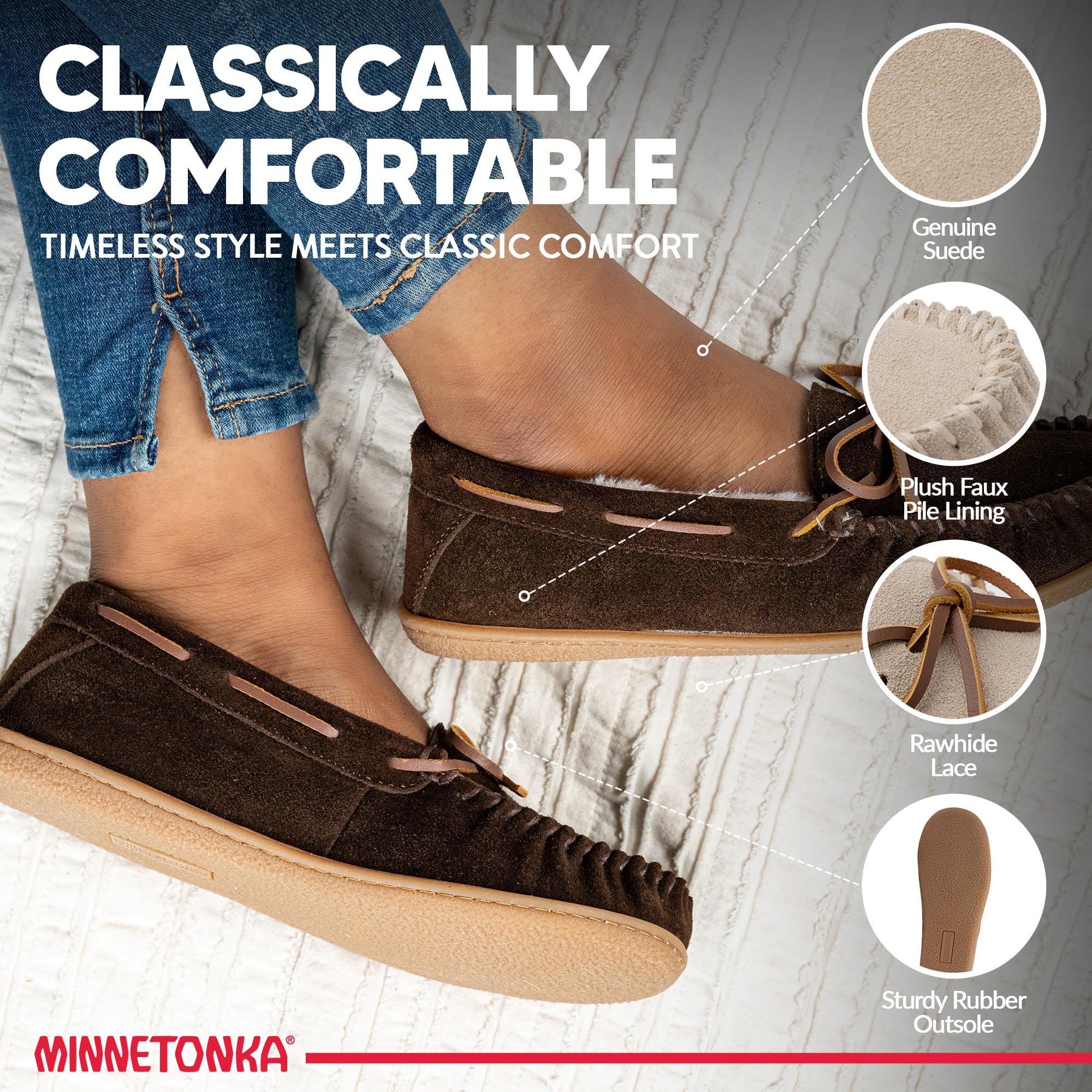 Minnetonka Women’s Camp Tie Moc — Cozy, Suede Moccasin Slippers for Women with Plush Pile Lining, Cushioned Footbed, and Durable Sole for Indoor & Outdoor Comfort