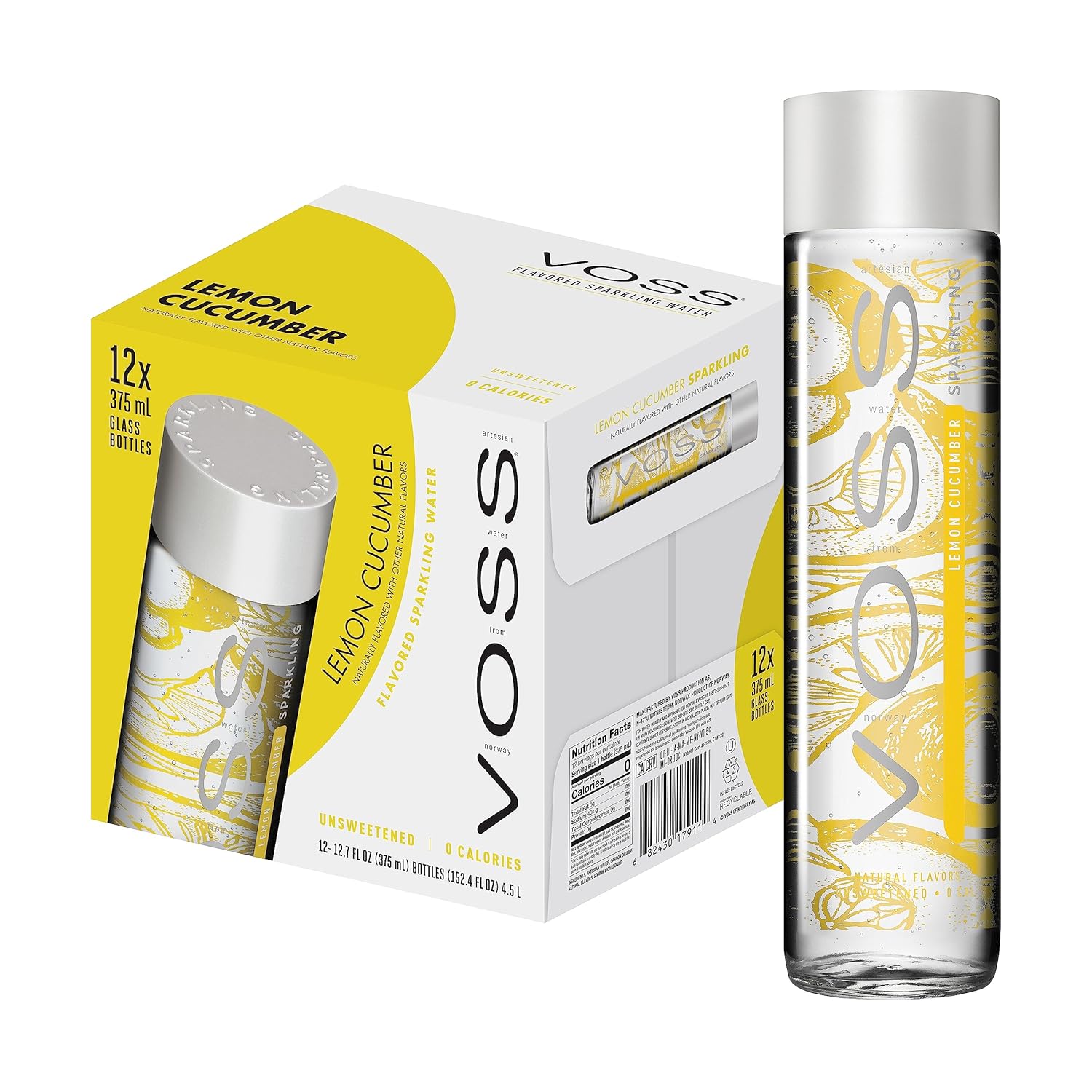 Voss Lemon Cucumber Artesian Sparkling Water, 12 x 375 ml, Yellow