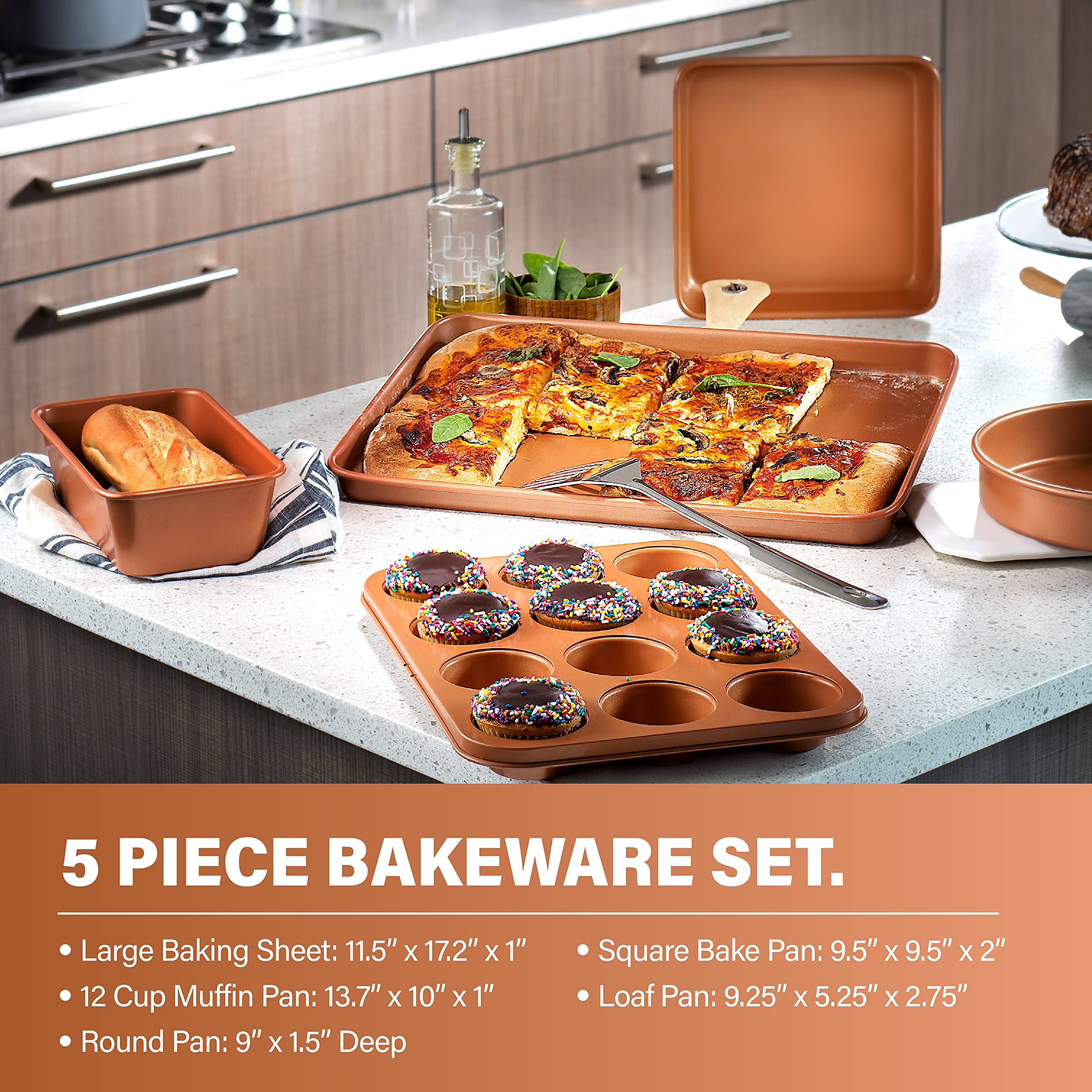 Gotham Steel Hammered Copper Collection – 15 Piece Premium Cookware & Bakeware Set with Nonstick Coating, Aluminum Composition– Includes Fry Pans, Stock Pots, Bakeware Set & More, Dishwasher Safe