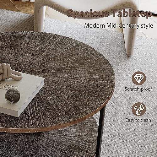 Miniatura 5 de Mesa de centro redonda con almacenamiento, 31.5 pulgadas, mesa central redonda rústica de madera de 2 niveles para sala de estar, mesas de té