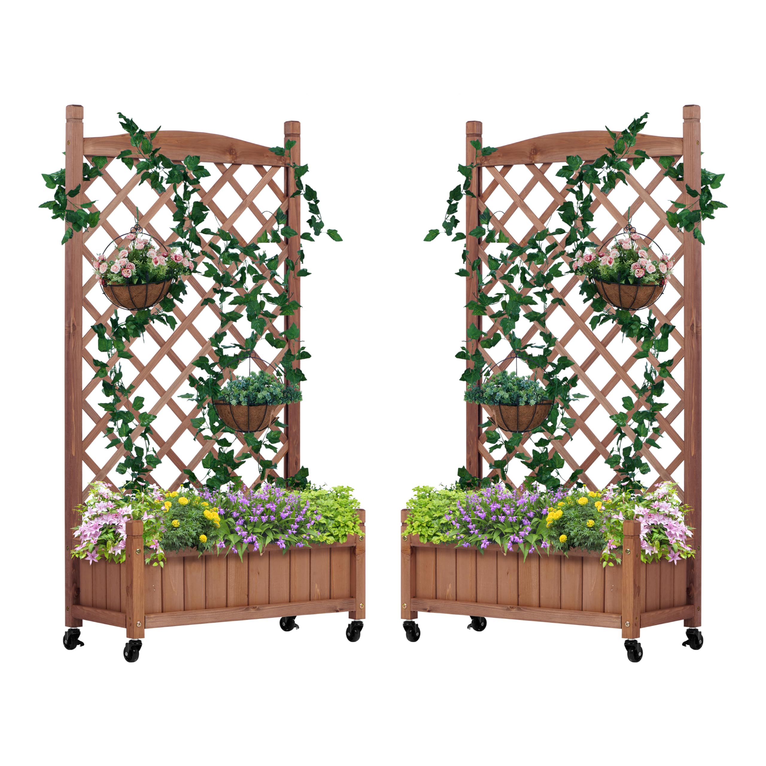 Raised Garden Bed with Trellies 2 Pack, Outdoor Wooden Planter Box for Climbing Plants, Vegetables Herb Growing