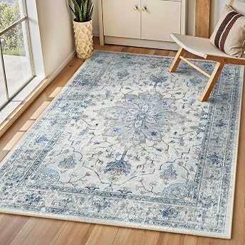 INOVADAY Living Room Rug Washable 90 x 150 cm Retro Blue/Grey Bedroom Rug Vintage Rug Washable Dining Room Office Short Pile Non-Slip Boho Retro Soft Oeko Printed