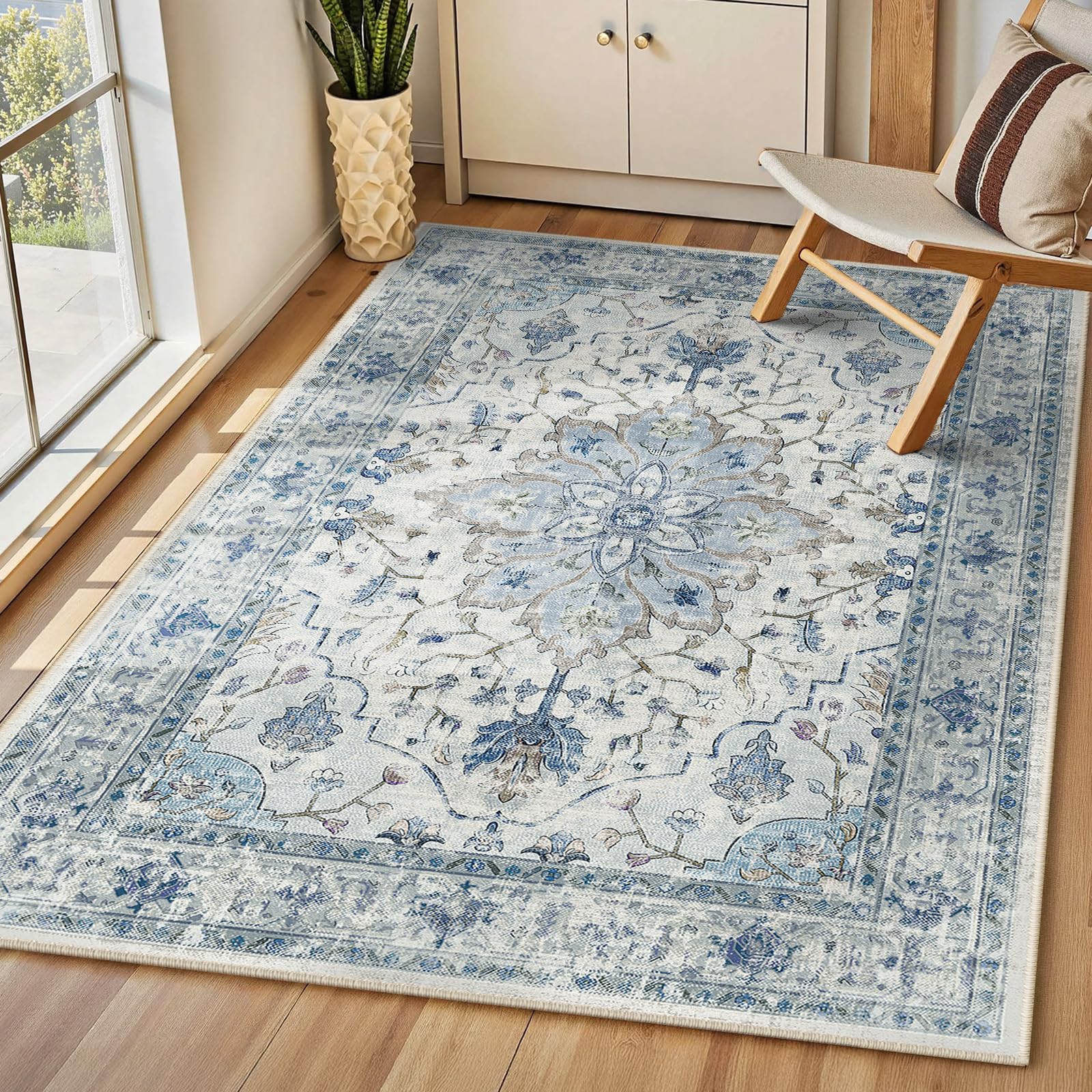 INOVADAY Vintage Waschbarer Teppich Wohnzimmer 90x150 cm Boho Kurzflor rutschfest Teppich Weich Teppiche mit Druckmuster für Schlafzimmer, Esszimmer, Büro Blau/Grau