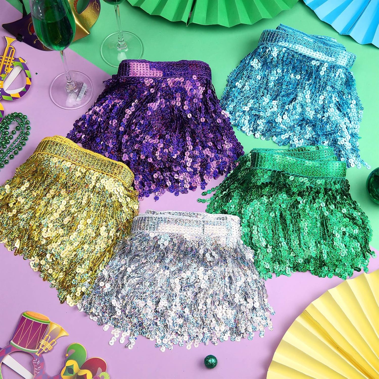 Lyrow 25 Yards Sequin Fringe Trim 6 Inch 5 Colors (Purple, Gold, Green, Blue, Silver) Sparkly Tassel Ribbon for DIY Clothing Home Decor Party Backdrop Curtain Wedding Stage Dress Sewing Craft Supplies