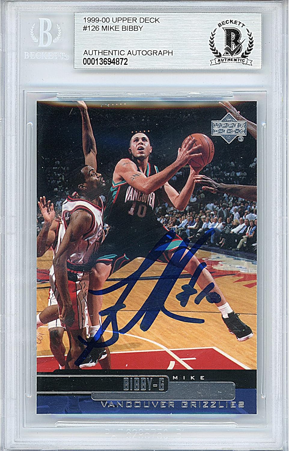 Mike Bibby Autographed 1999 2000 Upper Deck #126 Basketball Trading Card Slab Beckett BAS Authentic Slabbed COA Played For Vancouver Grizzlies NBA