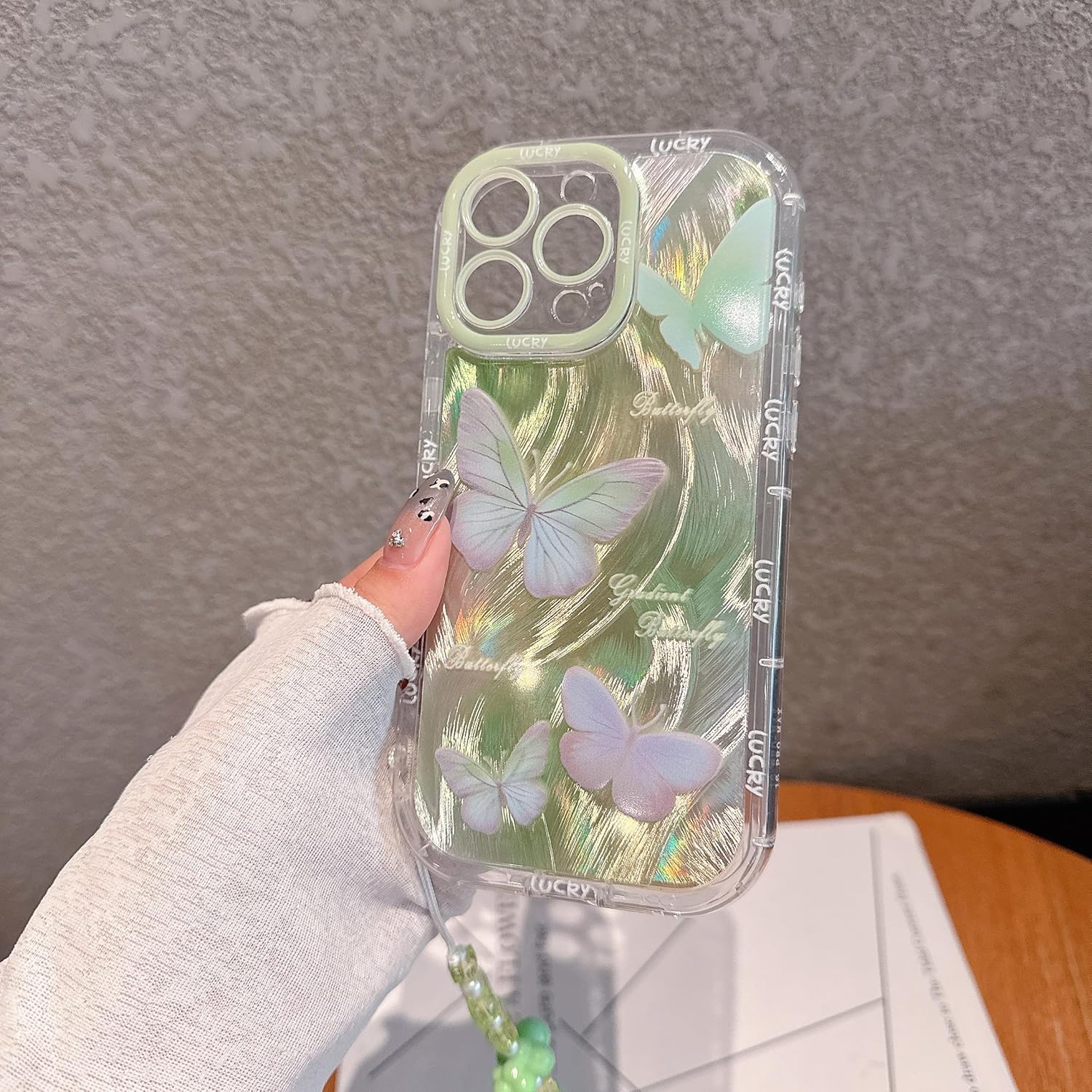 for iPhone 16 Pro Max Case, Light Green Butterfly Pattern Design,Sparkling Laser Case,2-in-1 with Beaded Wrist Strap,Soft TPU Frame, Shockproof and Anti-Shock, Suitable for Women & Girls - Image 5