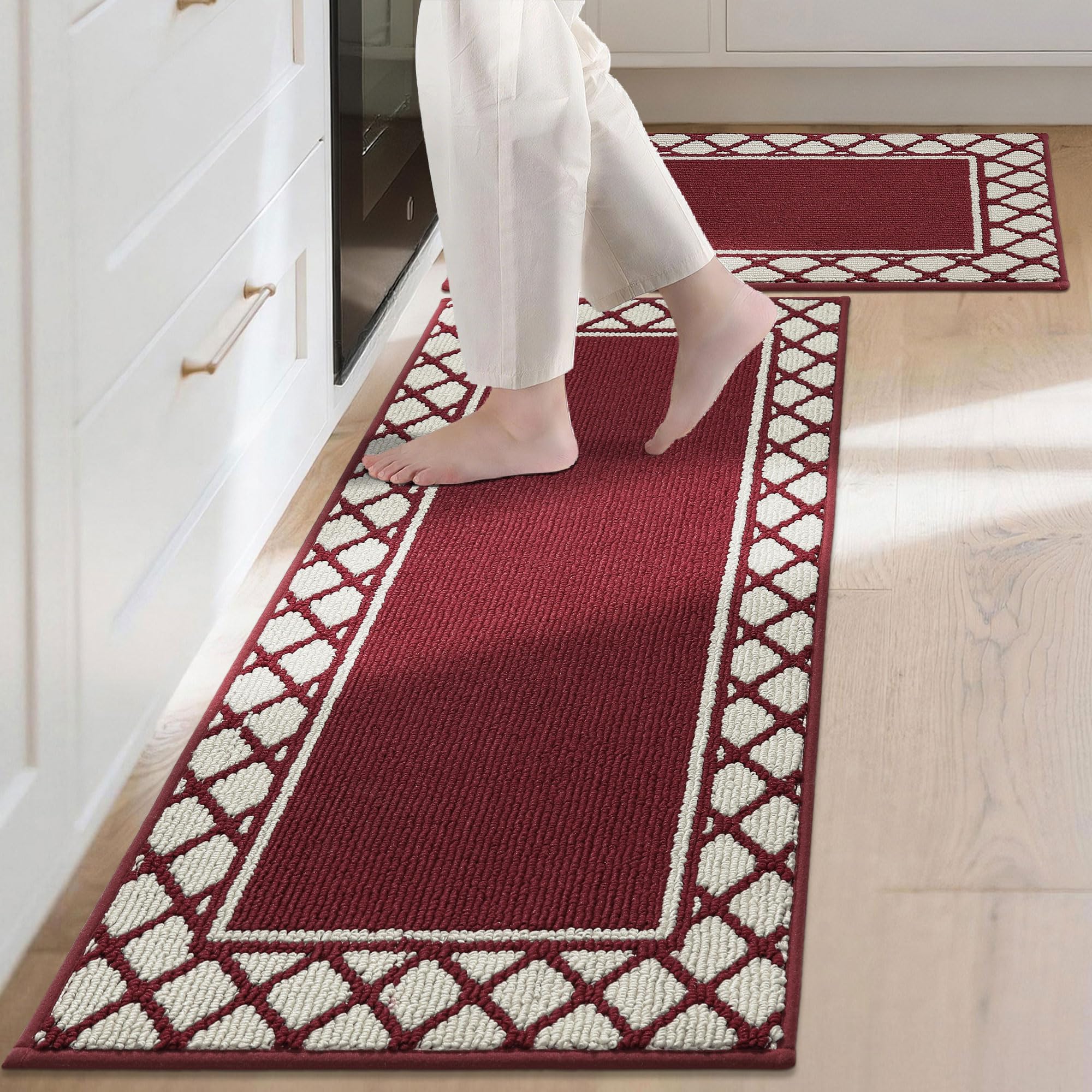 COSY HOMEER Absorbent Kitchen Runner Rug Mats 2 Pieces, 50x76cm+50x122cm, Extra Nonslip TPR Backed Carpet Rugs for Kitchen, Soft Standing & Machine Washable, Vacuum Cleaner Available No Curling, Red