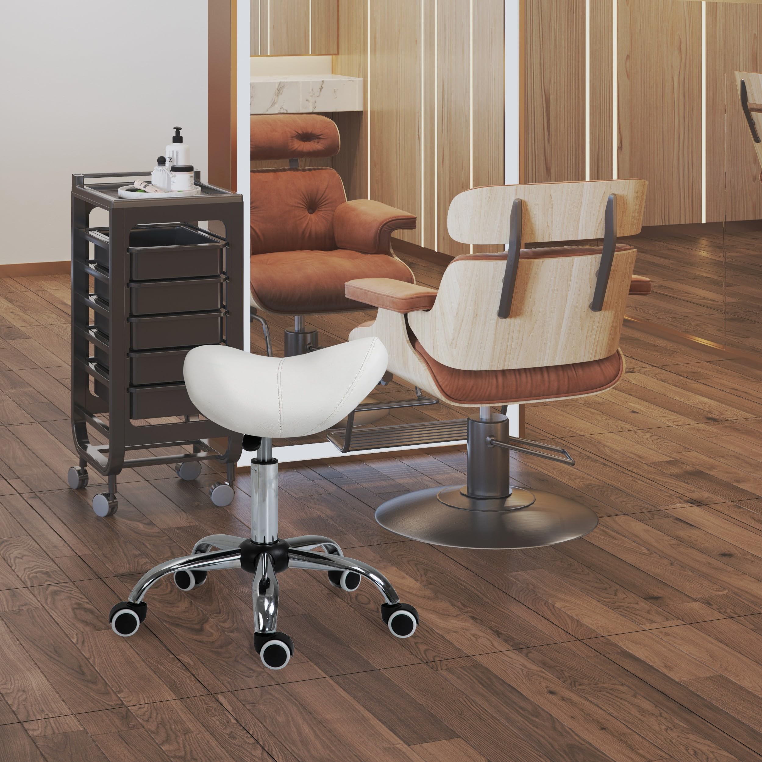 HOMCOM Sgabello da Lavoro a Sella con Ruote e Altezza Regolabile per Negozi Parrucchiere e Tattoo, 52x53x49-61cm Beige