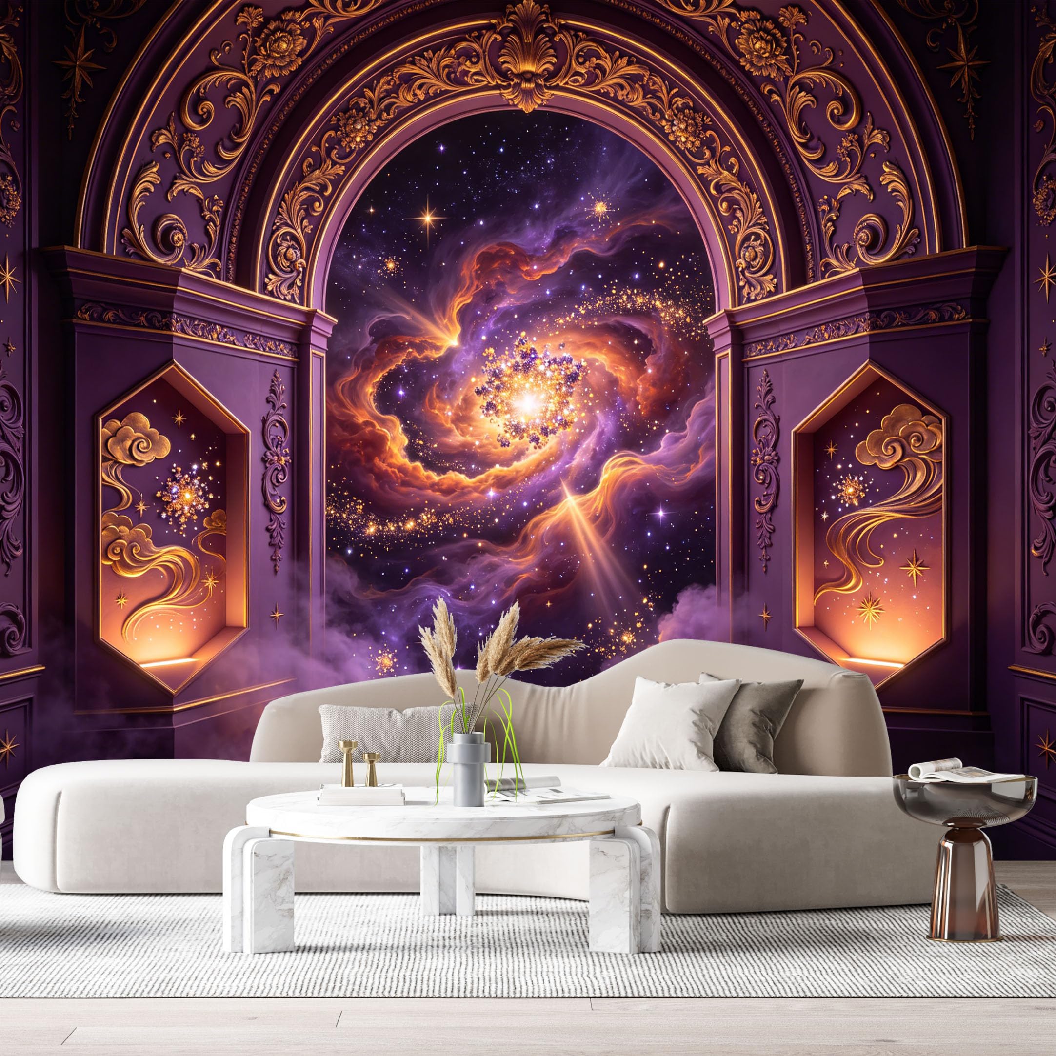 Custom Size Wall Murals Space Galaxy Neon Gold 3D Trompe L'Oeil SelfAdhesiveWall Fabric Removable Wallpaper Wall Decor for Living Room Bedroom Bathroom