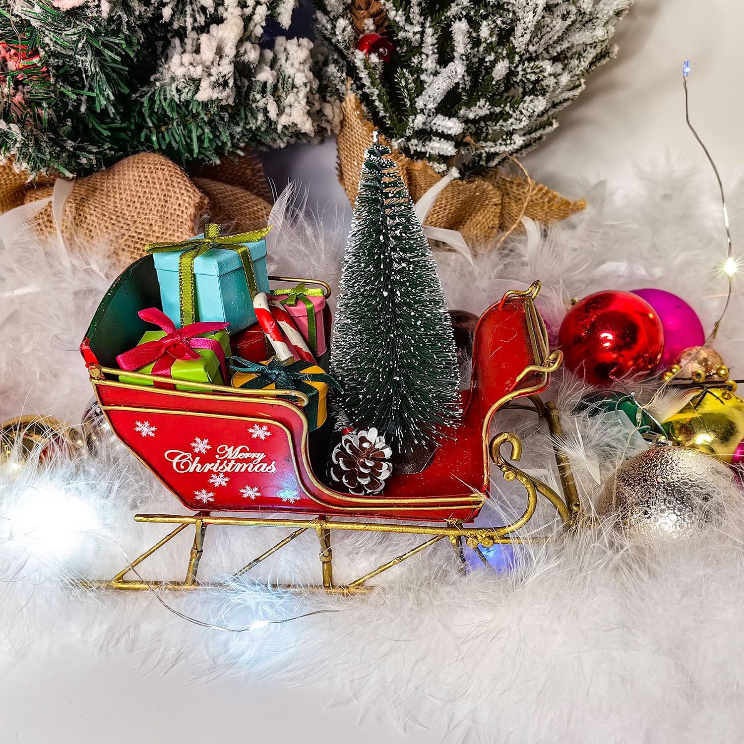 Berfutall-Red Santa Sleigh Christmas Decor for Table Top Holiday Home Decorations Decoration with Rustic Charm