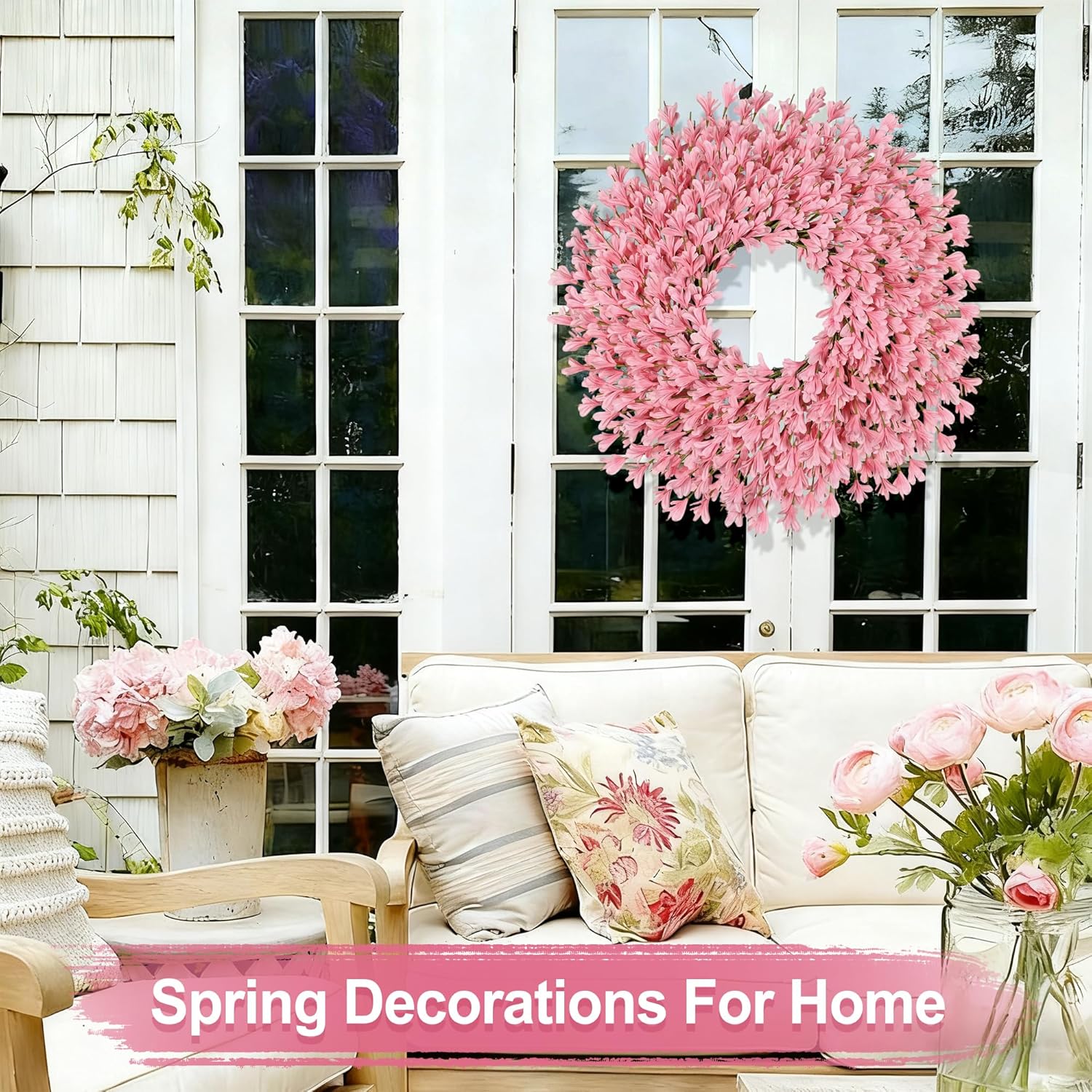 26 Inch Spring Wreaths for Front Door Large Easter Valentines Forsythia Floral Summer Spring Door Wreaths Outdoor All Season Spring Decorations for Home Porch Room Window Wall Farmhouse Decor (Pink-R)