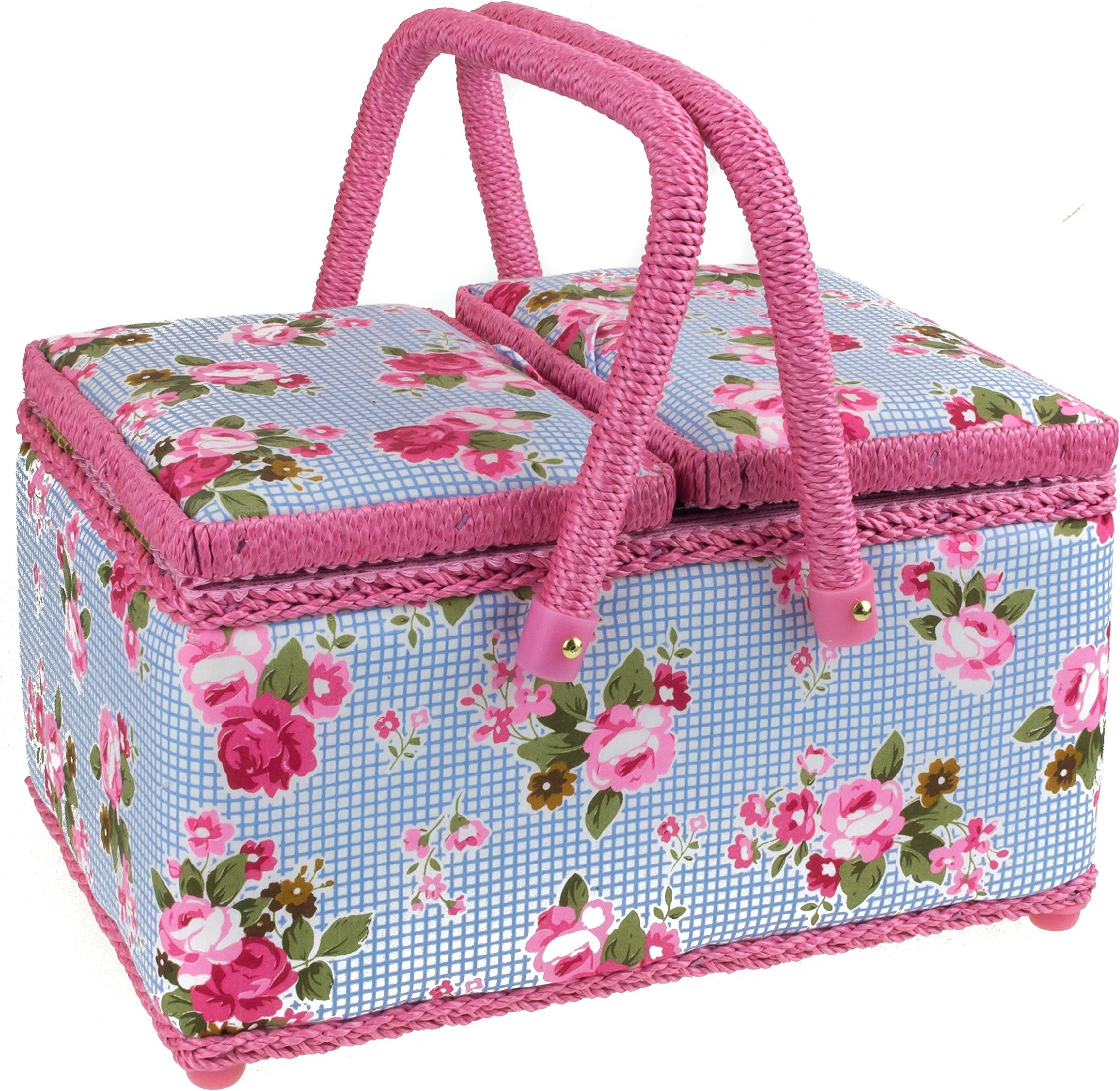 Pretty Twin Lidded Sewing Basket With Pink Handles and Blue Checked/Floral Print Fabric With Removable Tray