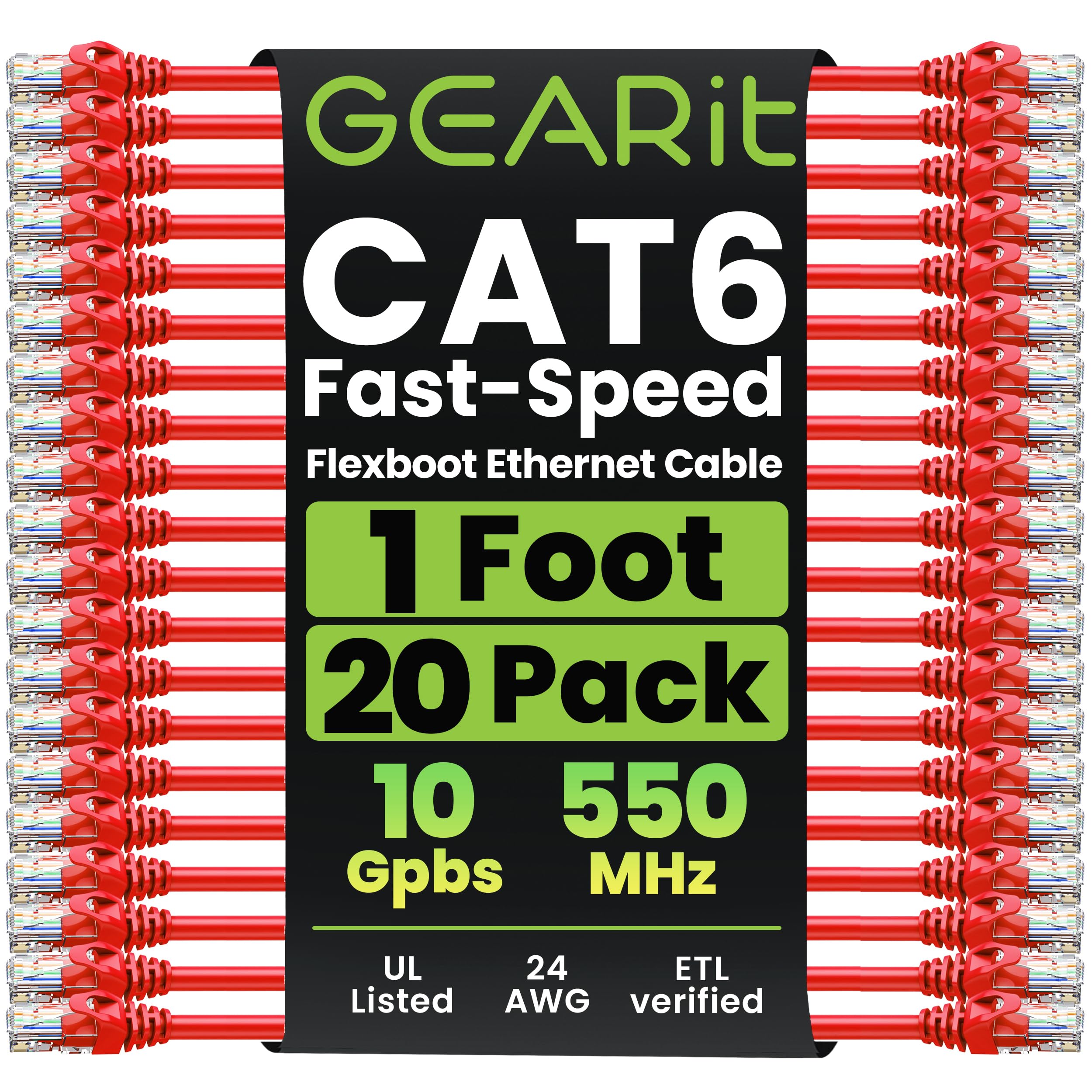GEARit 20-Pack Cat6 Patch Cable 1 Foot Cat 6 Ethernet Cable Snagless Flexible Soft Tab - Premium Series - Red