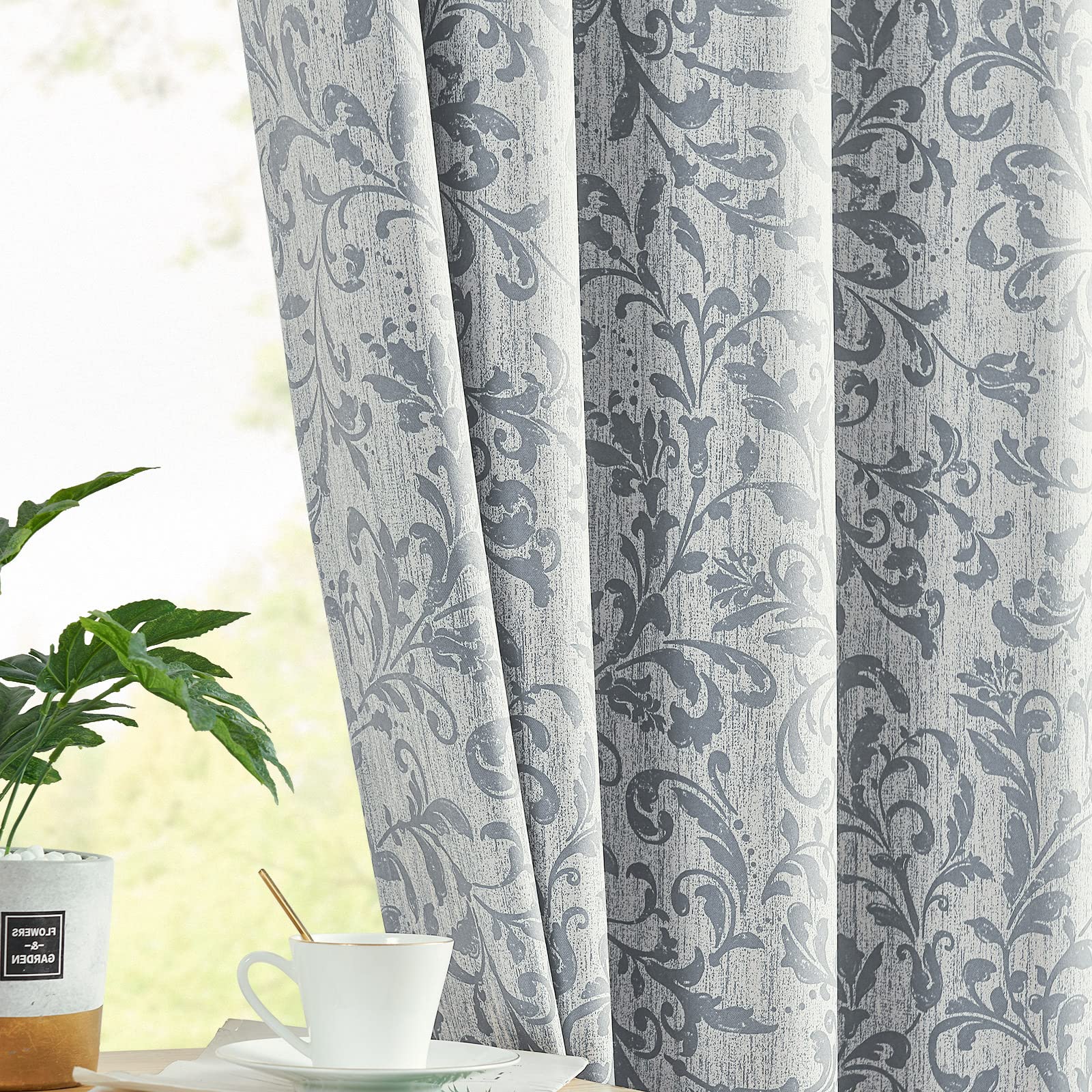 jinchan 100% Blackout Curtains 96 Inches Long Silver Grey Scroll Floral Window Curtains for Bedroom Grommet Thermal Insulated Drapes for Living Room Farmhouse Vintage Window Treatments Set 2 Panels