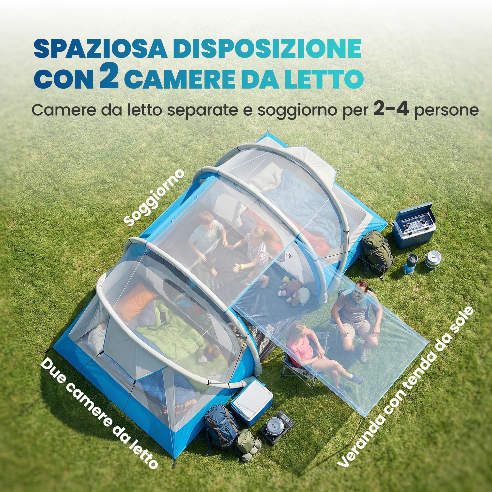 Outsunny Aufblasbares Campingzelt mit Luftpumpe, Campingzelt für 4 Personen, wasserdicht 3000 mm, mit 2 Schlafzimmern, Fenstern, Türen und Tragetasche, schnelle Montage, Blau
