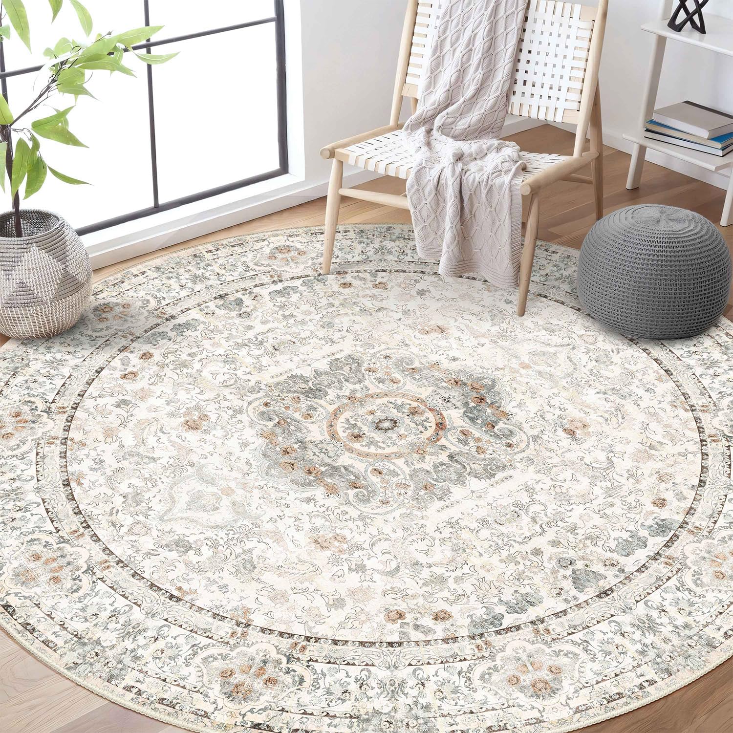 Castage Boho Round Rug 6ft,Washable Circle Area Rugs for Bedroom Living Room,Beige Vintage Bohemian Distressed Oriental Floral Carpet Non Slip โ image 1