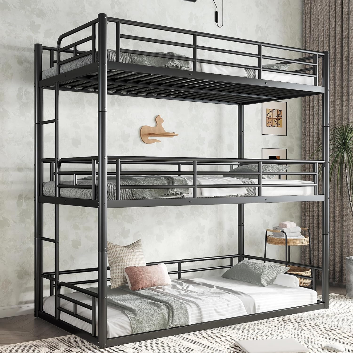 Bellemave Metal Triple Bed with Slide and Guardrails, Twin XL Metal Bunk Bed Frame for Kids & Teens (Black/Twin XL)