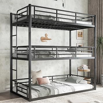 Bellemave Metal Triple Bunk Bed with Full-Length Guardrails, Twin Over Twin Over Twin Bunk Bed for 3, Noise-Reduced & Multifunctional, Metal Black