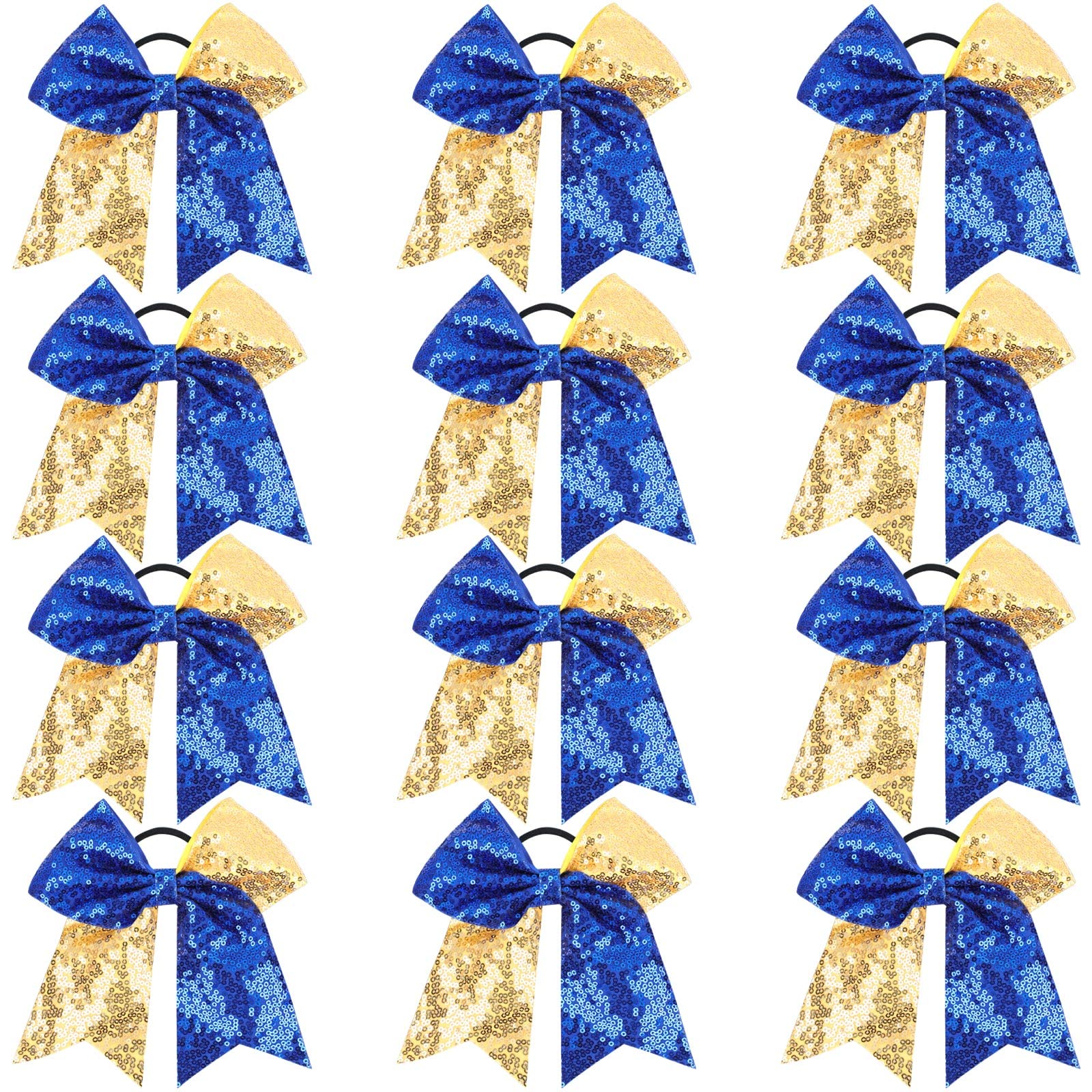 OAOLEER 12 Count 7" Sequin Glitter Cheer Bows - Large Sparkly Hair Bows for Girls - Budget Friendly Cheerleading Bows - Premium Quality Fabric - Blue