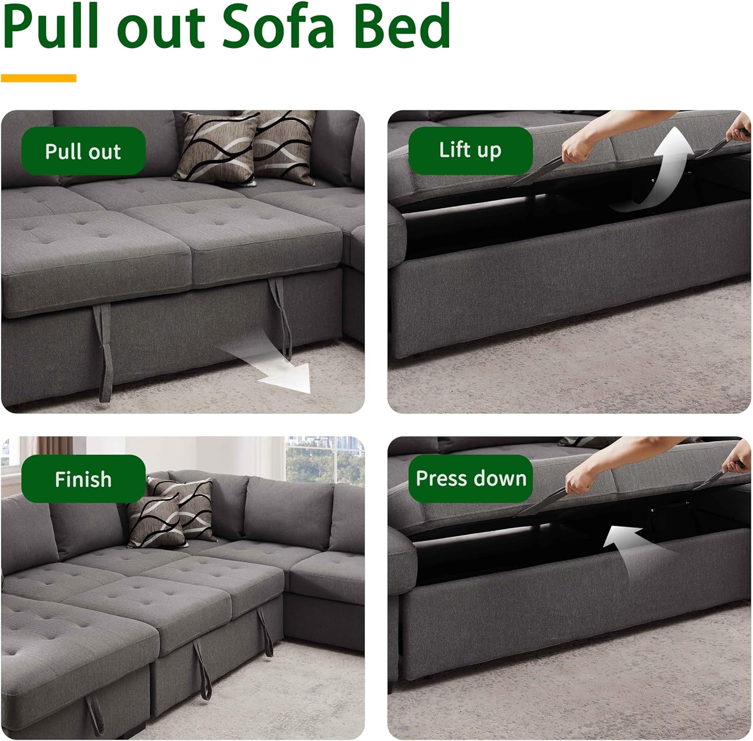 THSUPER 123'' Sectional Sleeper Sofa Couch with Pull Out Bed, 6 Seater U Shaped Oversized Comfy Linen Sleeper Sectional Sofas Couches with Storage Chaise for Living Room, Gray