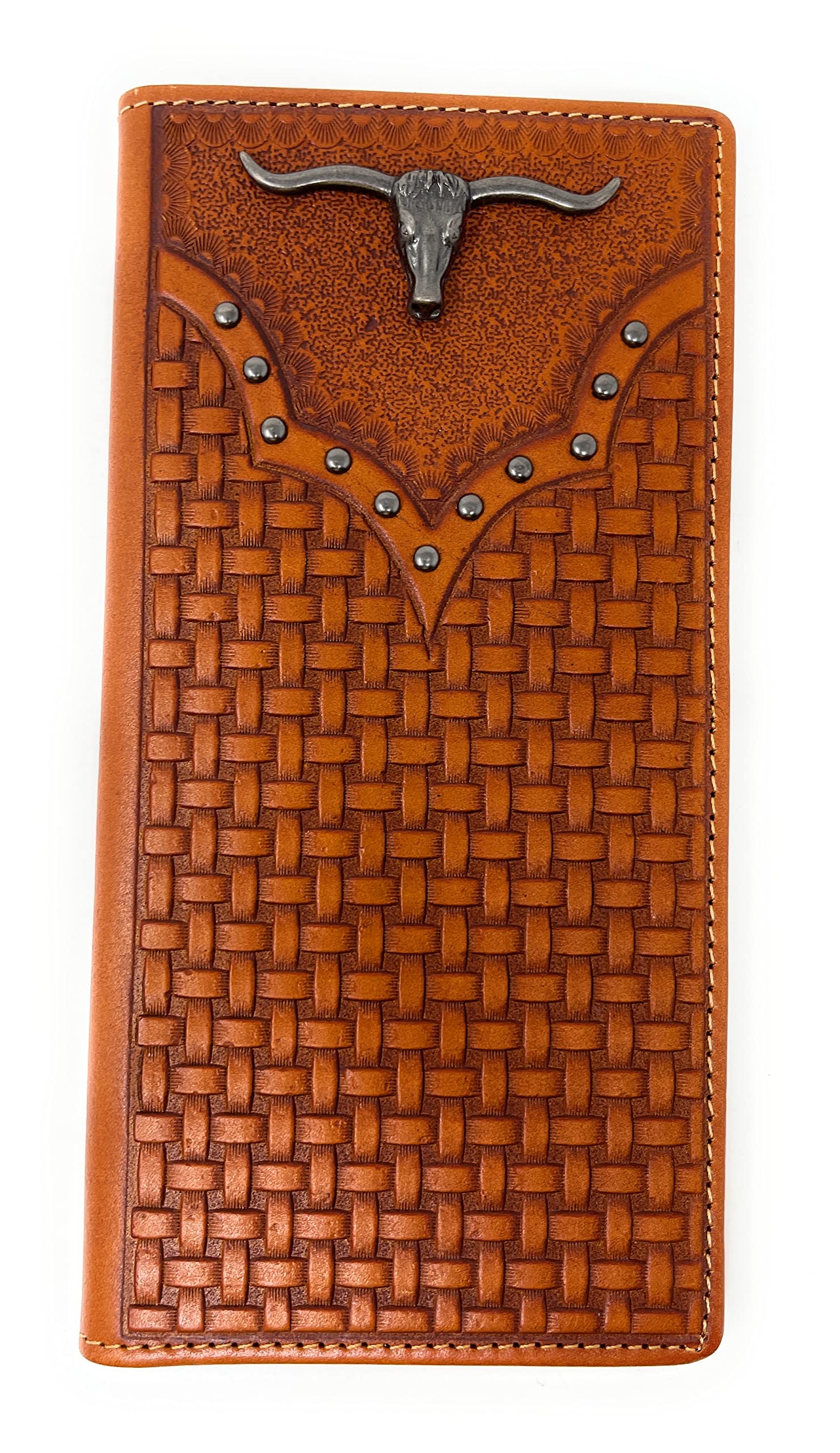 Western Genuine Leather Basketweave Longhorn Men's Long Bifold Wallet in 2 colors (Brown)