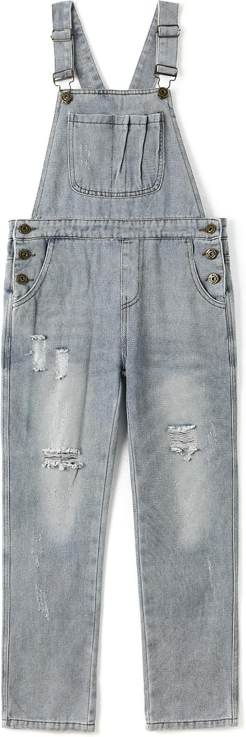 KIDSCOOL SPACE Girls Denim Overalls,Ripped Cotton Jean Workwear Pants