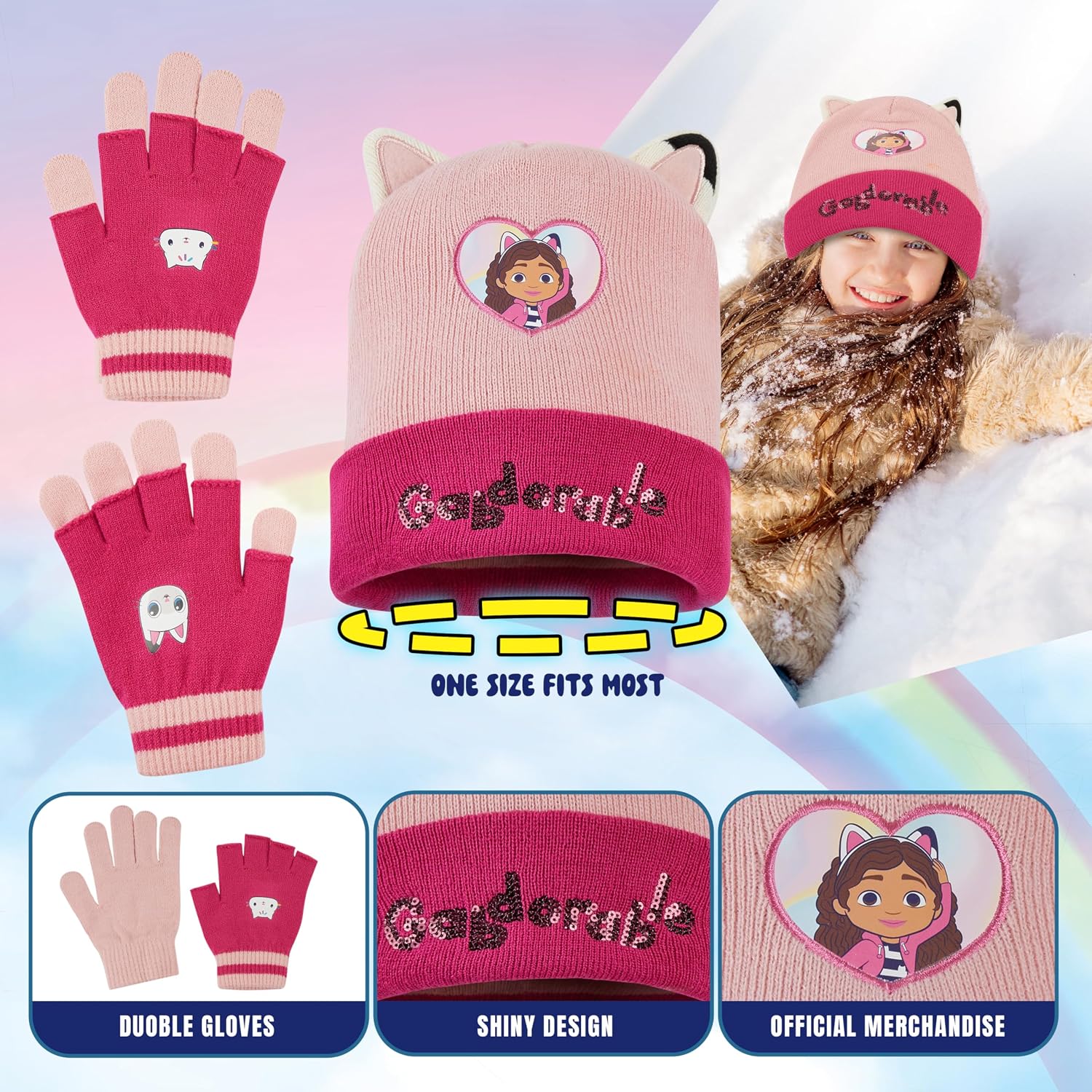 Gabby's Dollhouse Girls Beanie Hat and Gloves Set, Winter Beanie Warm Mittens for Cold Weather, Cozy Gifts for Girls (Pink)