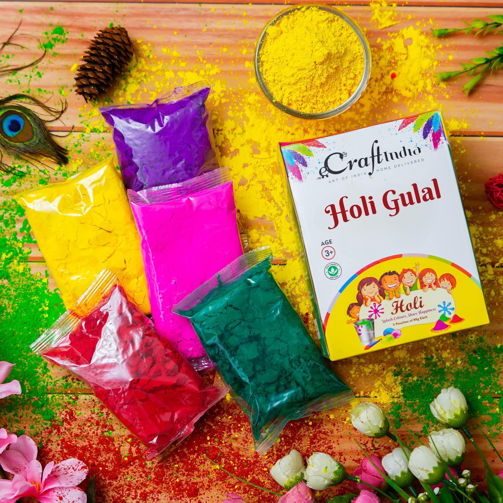 eCraftIndia Pack of 5 (5x100 gm) Natural & Organic Holi Colours Herbal Gulal - Multicolour - 100% Safe, Soft & Skin Friendly, Non Toxic & Non Irritant