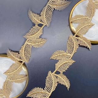 BZWKQA Golden Leaf Lace Trim Ribbon - 6.5cm Wide, 5 Yards - Metallic Embroidered Applique for Wedding Veil, Bridal Dress, DIY Crafts, Home Decor