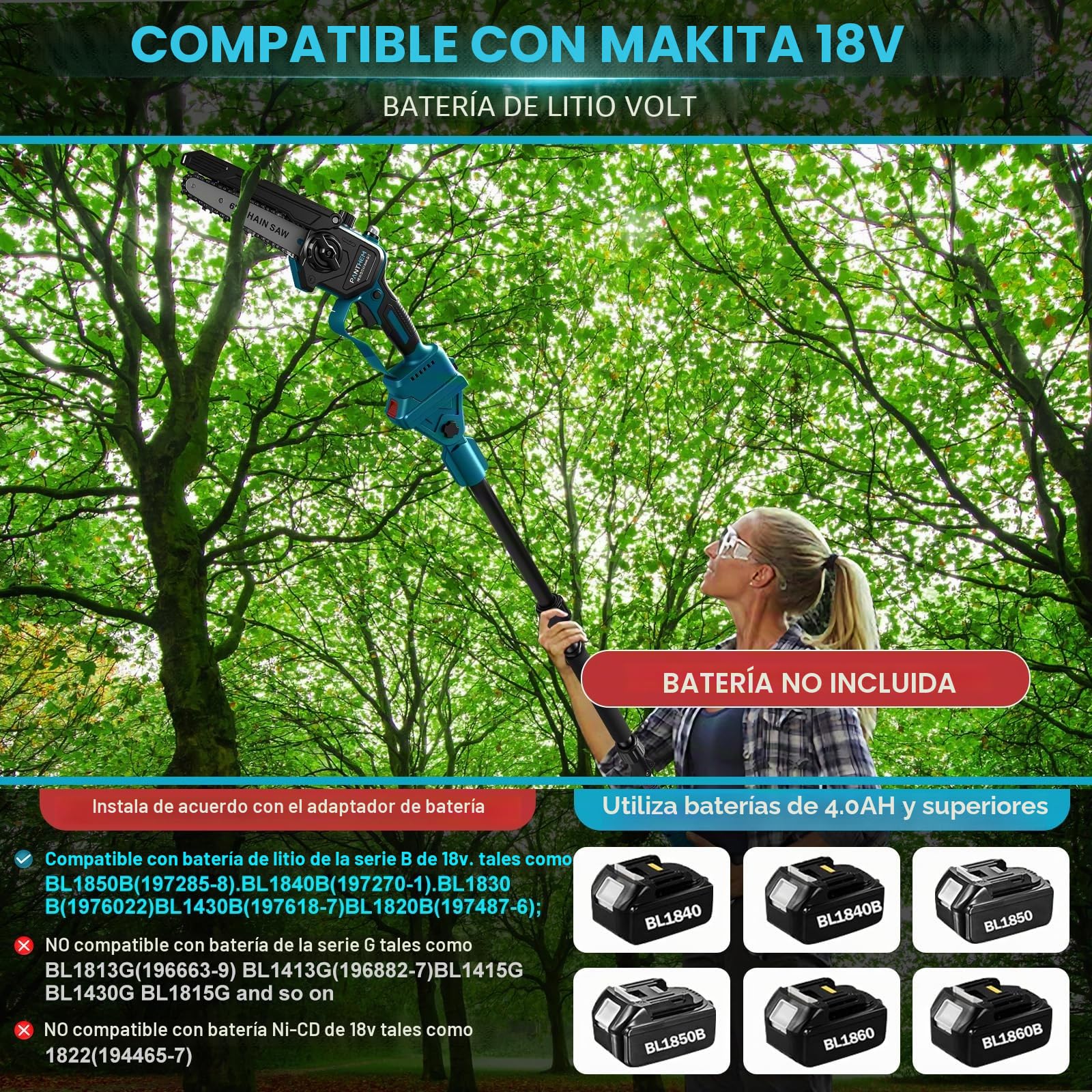 Percha podadora telescópica compatible con Makita 18V (sin batería) | Eléctrico de 6 pulgadas mini motosierra inalámbrica cabeza giratoria 90°, engrasador automático ligero y manejable