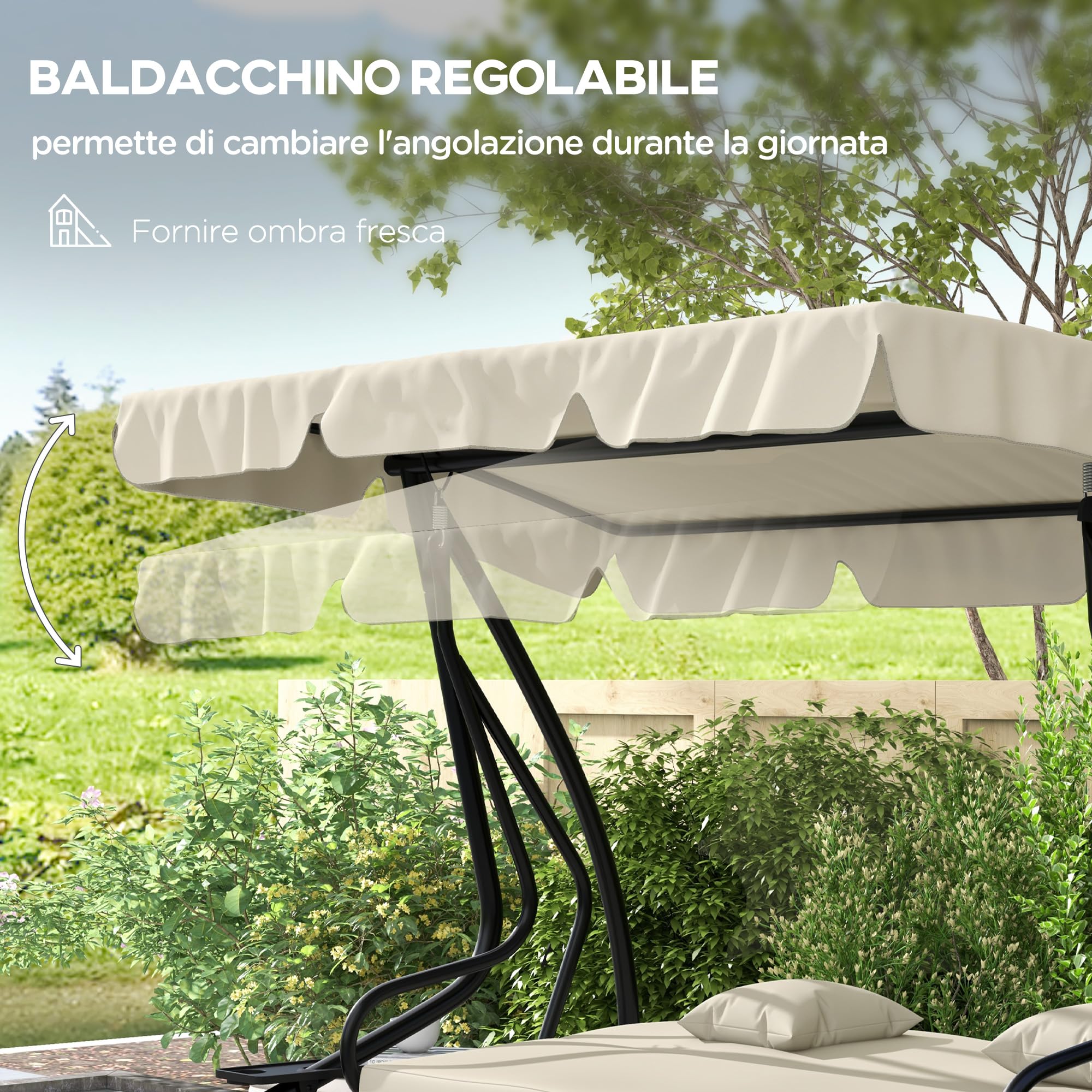 Outsunny Dondolo Letto da Giardino con Tettuccio Regolabile e Vassoi Portabicchieri, Dondolo da Giardino in Acciaio e Poliestere, 200x120x164 cm, Crema