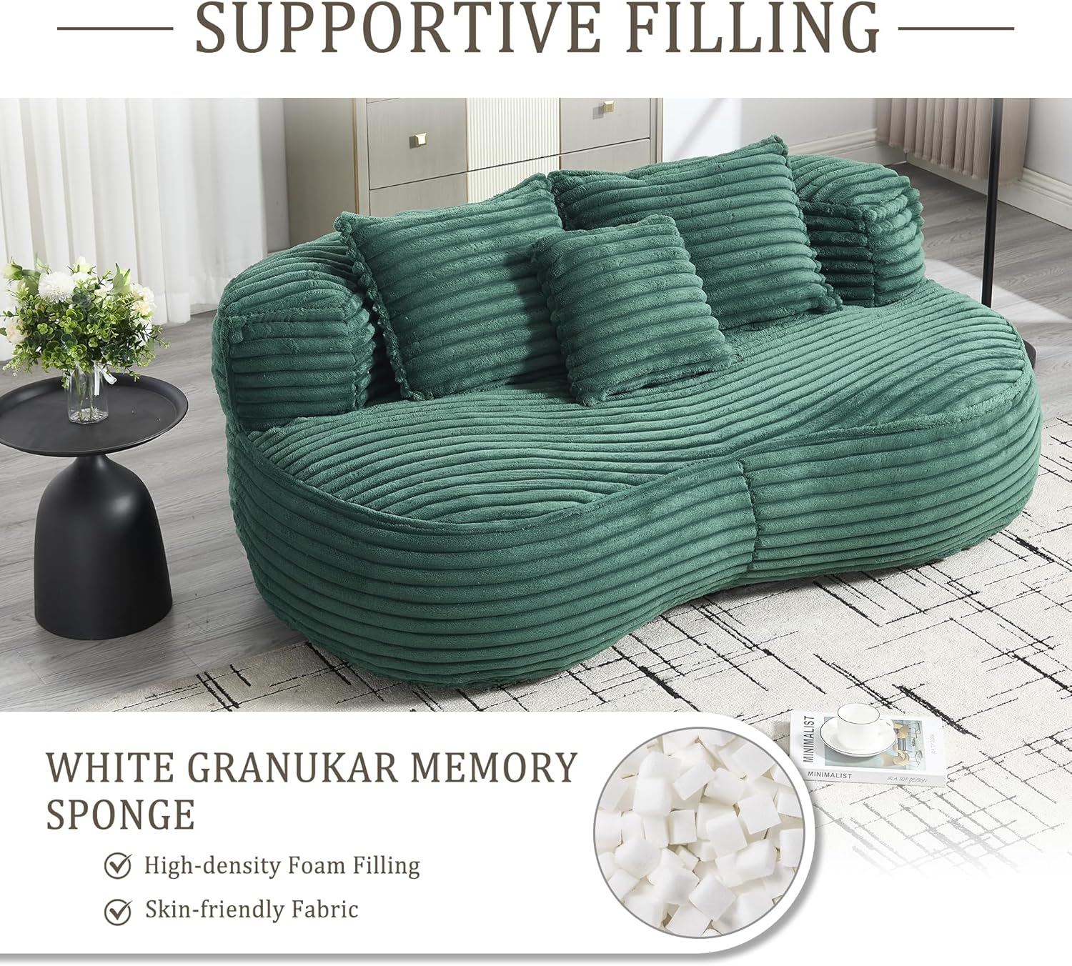 Bean Bag Chairs with 3 Pillows,64.17 Inch Bean Bag Chair with Fluffy Memory Foam,Corduroy Fabric Beanbag Loveseat Sofa Couch Lounger for Living Room Gaming,Reading,and Relaxation