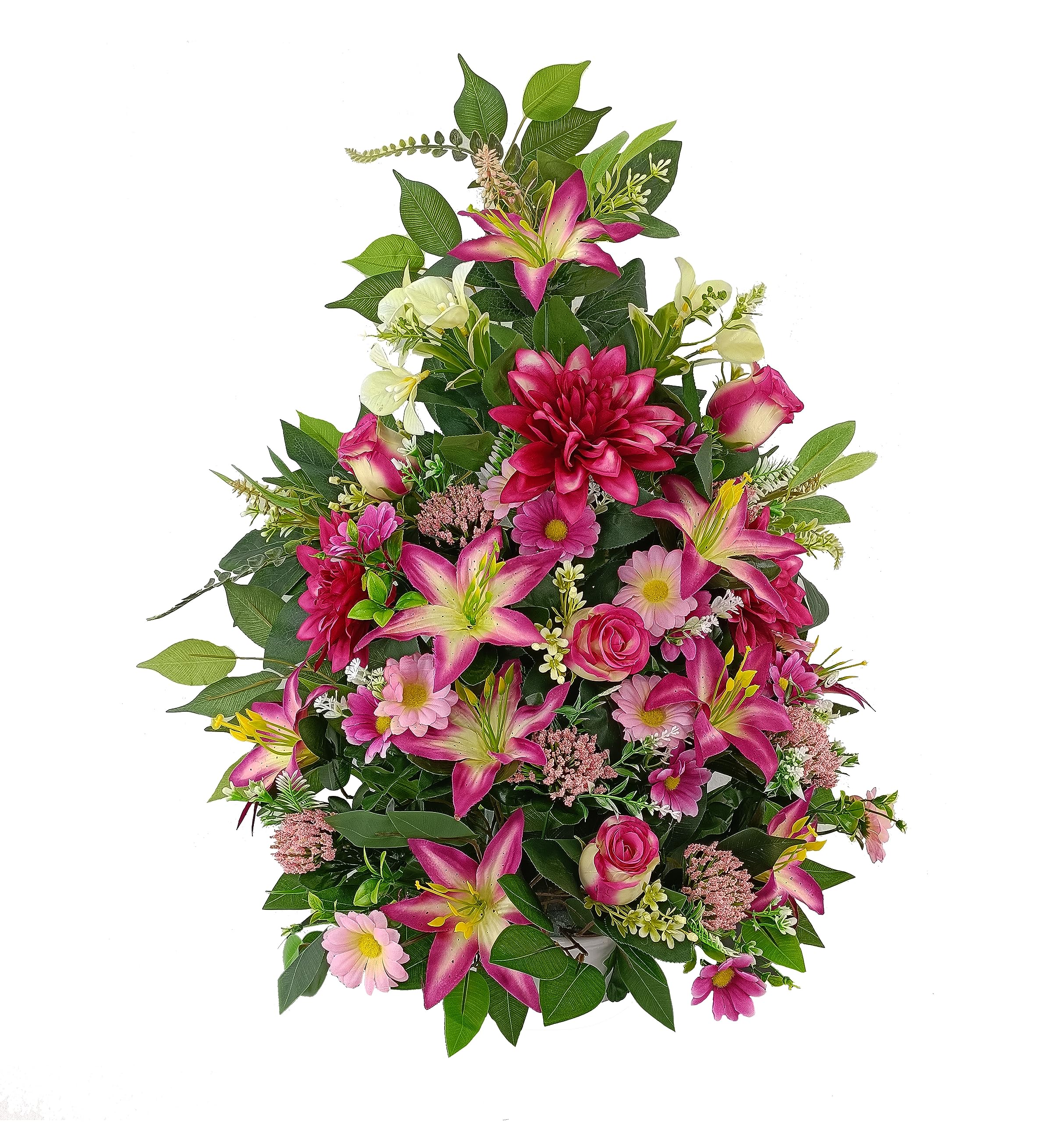 Centro Flores Artificiales Cementerio, Santos, Iglesias, Aniversarios, Ceremonias, Bodas Fucsia y Rosa con dalias, Lilium, Margaritas y Rosas 70x60x38 cm