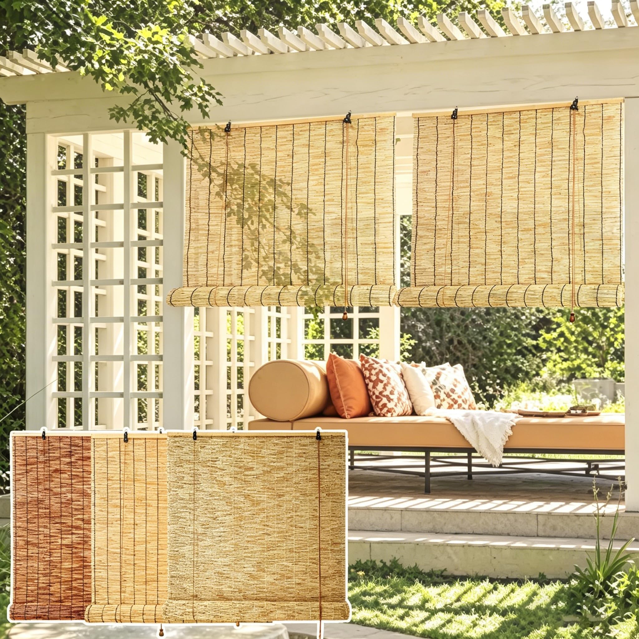 Kelvuta C-2 Outdoor Blackout Shade Bamboo Blinds For Patio Roll Up Sunshade 36 48 90 100 115 150 160Cm Natural Reed Curtains Roman Made To Measure Blind Bamboo For Kitchen Windows Door Pergol Balcony