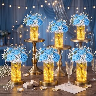 Domensi Set of 6 LED Lighted Floral Table Centerpieces, Faux Roses, Eucalyptus & Baby's Breath in Acrylic Vase, Glowing Rustic Wedding Decor for Bridal Shower, Party & Dining Table(Blue)