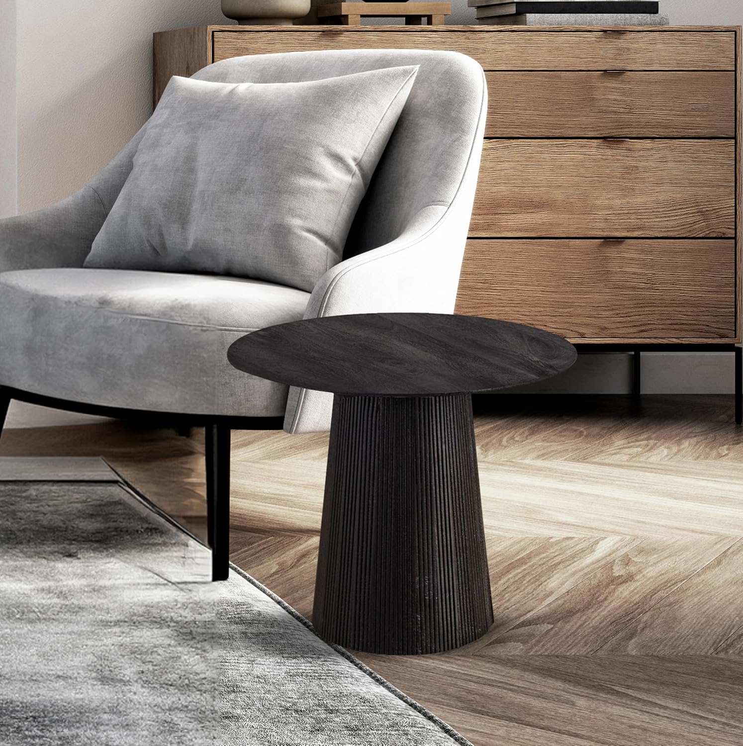 Everton 22” Black Mango Wood Round Side Table – Modern Accent End Table