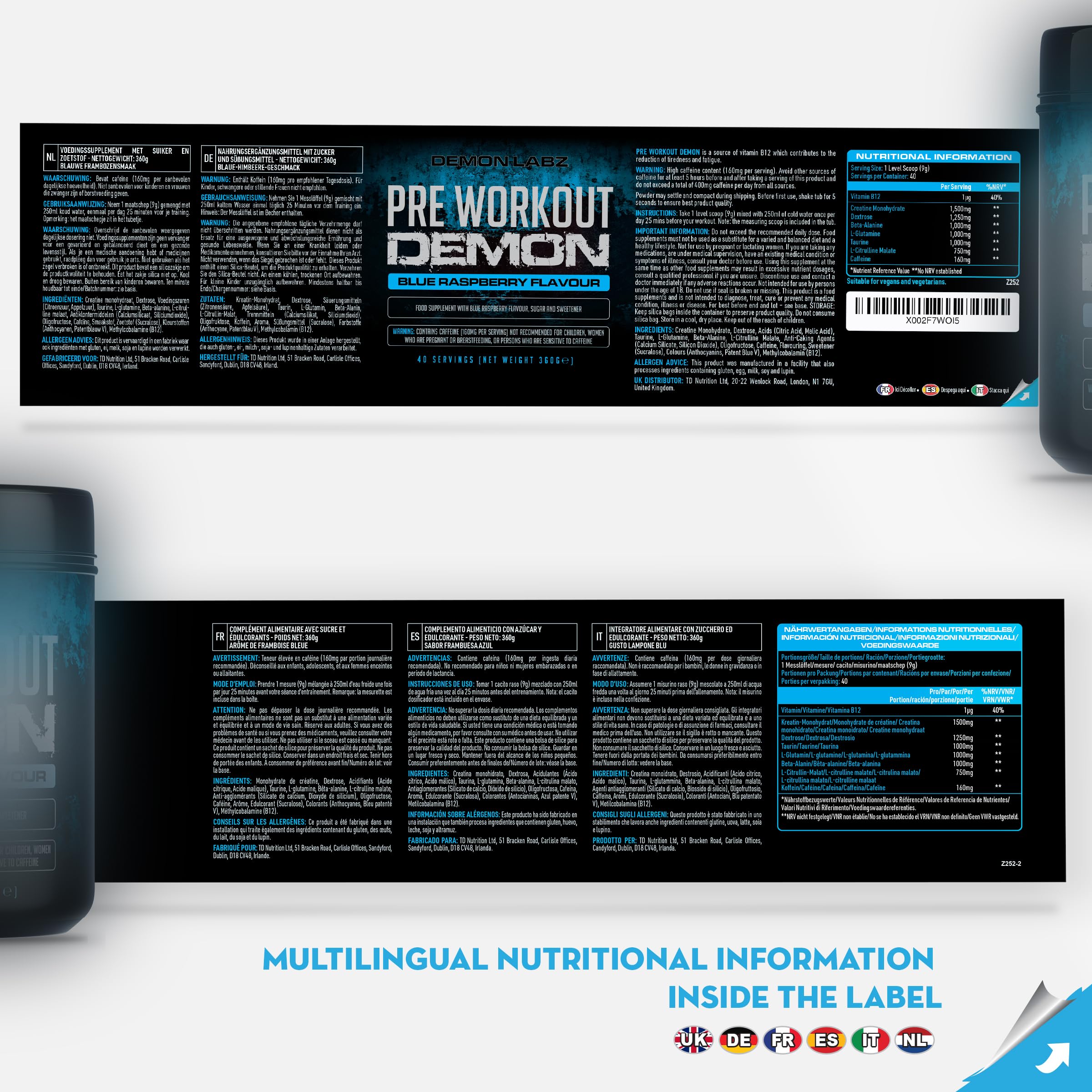 Pre Workout Demon - Pré-Entraînement Créatine (Framboise Bleue, 360g) | Booster pré-entraînement en poudre avec 160mg de caféine par dose, créatine, bêta-alanine, citrulline, glutamine et taurine