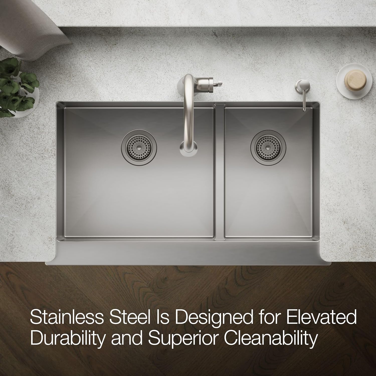 KOHLER Strive® 35-1/2" Self-Trimming Farmhouse Undermount Kitchen Sink, Smart Divide®, Large/Medium Double-Bowl Kitchen Sinks with Tall Apron, Stainless Steel, K-5416-NA